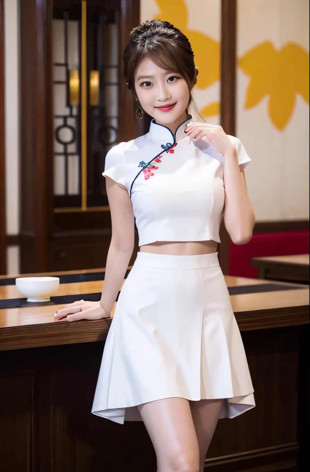 (highest quality、8k、masterpiece)、(china clothes in mini skirts:1.4),(White panties:1.5)、17 year old slender beauty,Flashy makeup using red eyeshadow,Open your mouth wide、Yōho、double eyelid,Delicate medium cut ponytail,squat、Spread your legs, White pantiesーを見せる,彼女のWhite pantiesーがはっきりと見える、Sexy Chinese dress and silk mini skirt,The best smile,She is wearing a sexy short colorful cheongsam。。,Cheongsam with deep slit,Draw hands correctly,The background is the bright interior of a Chinese restaurant...,
