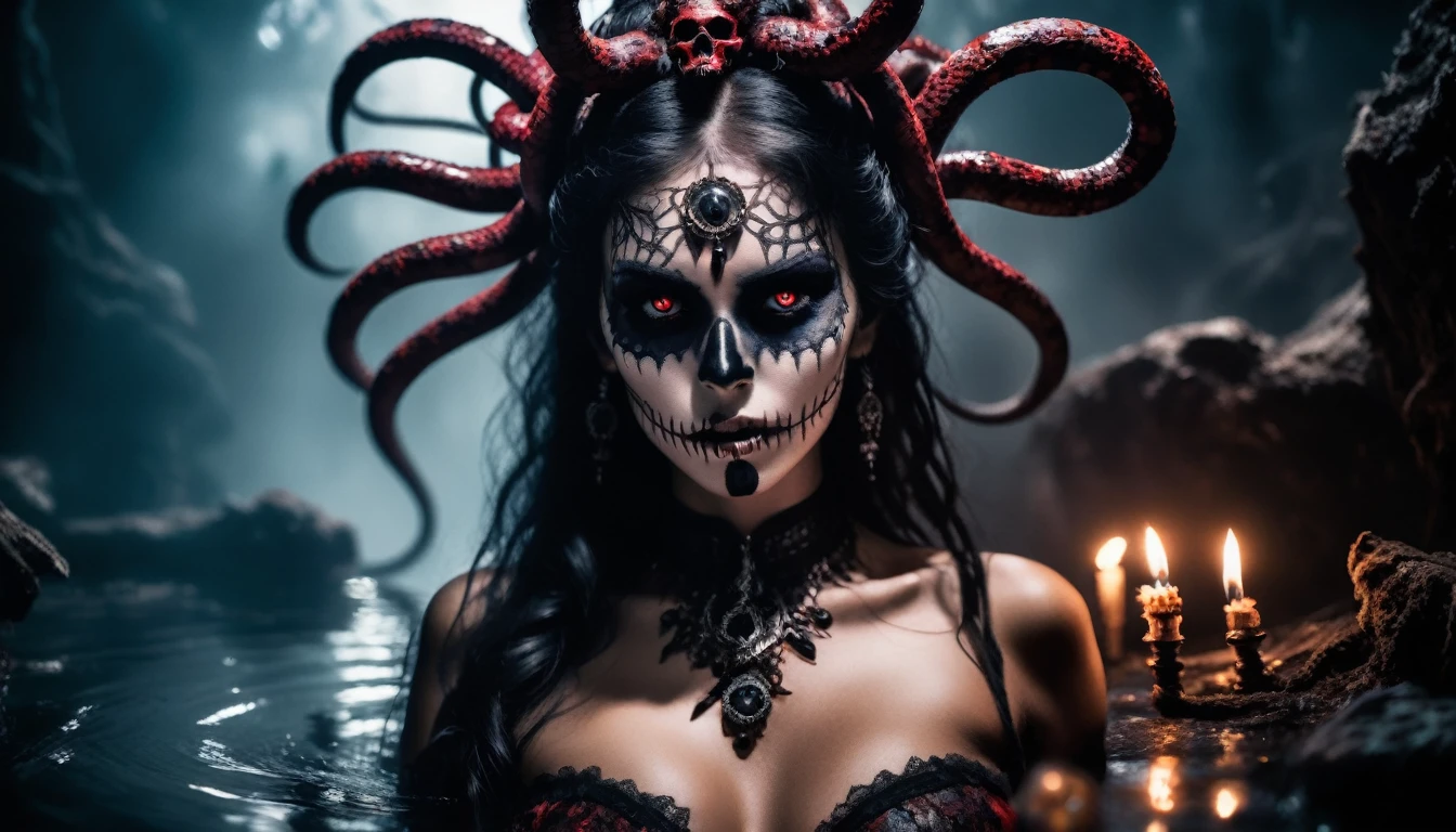 Grunge style, beautiful naked goddess of death, body intricately decorated with black and diamonds, deep red rubies, shiny, penetrating, black lace and smoke covers her nipples, dark and gloomy look, masterpiece, cinematic, bokeh, film grain, 1.8, 24 mm lens, female upper body in mythical water, water surface, masterpiece, perfect face, intricate details, horror theme, epoxy_skull, dark nightmare of a 21 years old Voodoo priestess young woman with voodoo makeup and snakes in her hair, aswang, medium-sized humanoid, predatory appearance, shapeshifter, sharp, feral features, claws and fangs, glowing eyes, keen sense of smell, heightened senses, dark ominous presence, sinister malevolent expression, irritant,healthy,outlandish, bewildering, grim, decomposing, dynamic, malevolent, melancholy, flare, fast autofocus, f/22, shutter speed 1/125 sec, iso1600, white balance daylight, exposure compensation "+3.0 ev", shutter priority shooting mode, leading lines, focus mode continuous, spot metering, by milton caniff, cel shading, photorealistic, extreme detail, perfect photography