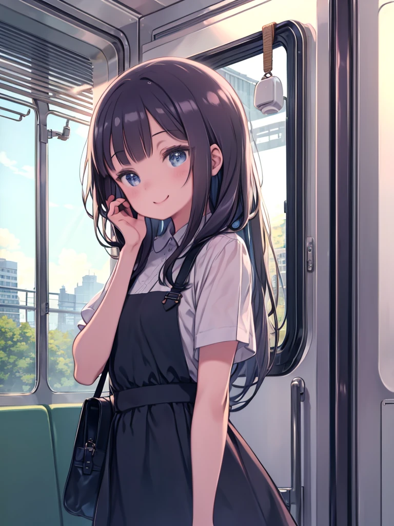 masterpiece、highest quality、High resolution、Very detailed、Beautiful eyeedium wide shot、Girl、Inside the train、View from the window、smile、Hair blowing in the wind、Put your hand on your cheek、On the go、
