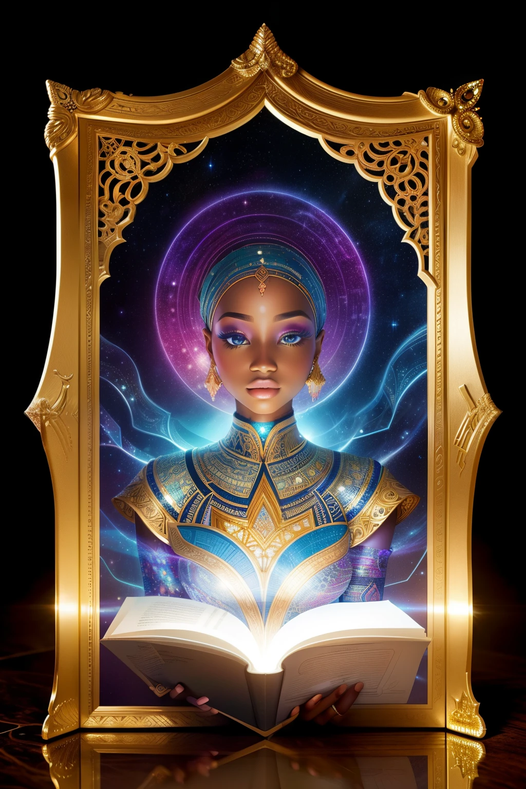 A holographic masterpiece showcases a miniature African woman, meticulously dressed in intricately designed paper clothes, nestled on the expansive pages of a colossal open book. The captivating scene unfolds as words from the book mirror her form, their reflections radiating in a stunning, white glow. The dimly lit library background maintains sharp focus on the ethereal image of the African woman suspended within the open pages of the book. The enchanting surrealism of this moment encapsulates the essence of a beautiful and intricately crafted illusion.