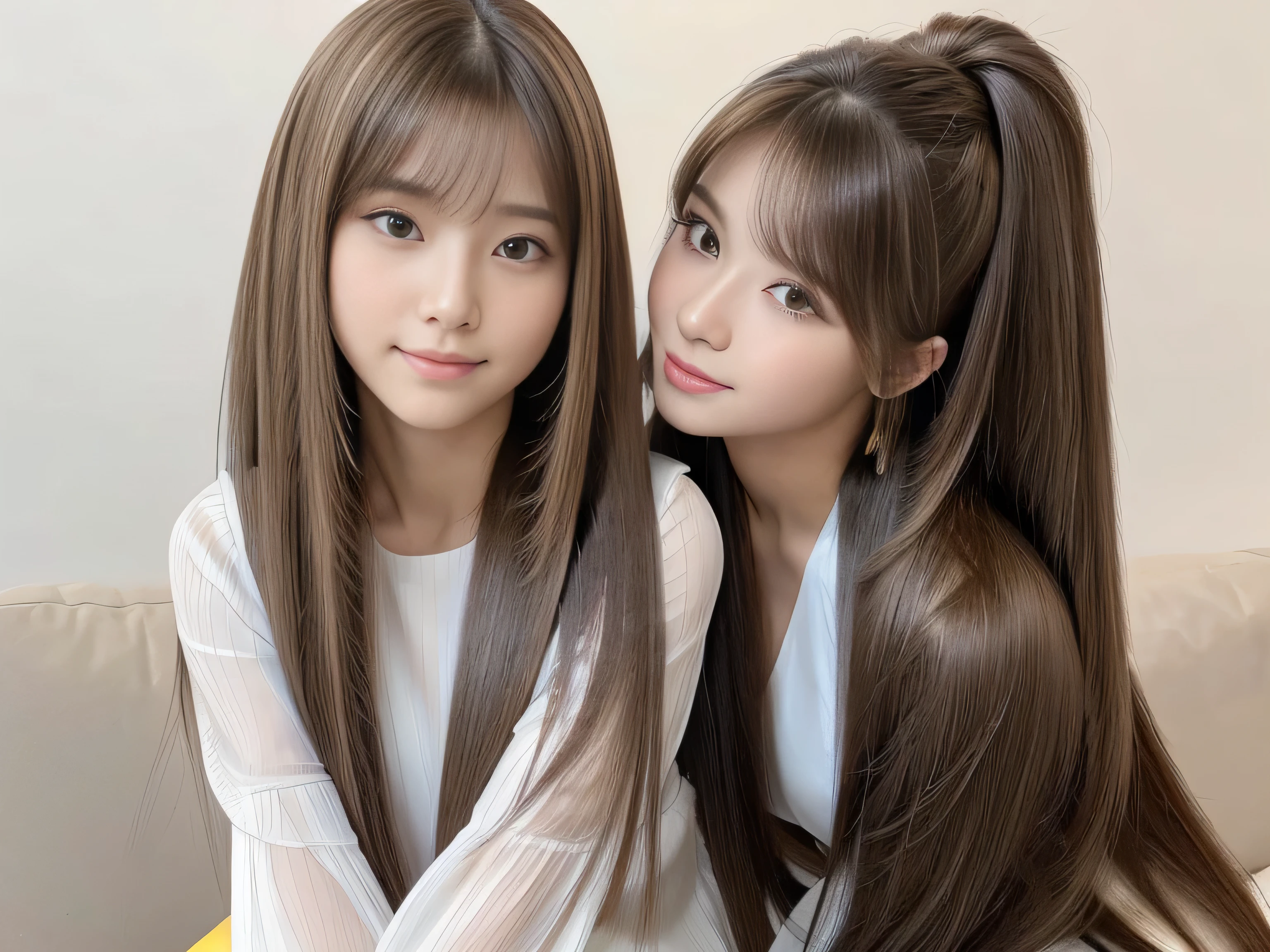 (Photo of twins who look alike, even down to their fingernails They sat side by side on the sofa and chatted happily Posing for a photo Two people) (Two peopleの顔のクローズアップショット:2.4) ((Two peopleともランダムな座ったポーズ, Show as much of your back and hair as possible:1.2)) ((Two people is a beautiful 24-year-old hair model with long, light brown hair. fell straight down Reaches up to the kneeVery long hair highest quality Highest detail Reaches up to the knee、Very long hair that lasts forever:1.3 Flowing hair 私ncredibly straight hair Very shiny そして thick hair Abnormally long hair that lasts forever Flowing hair on both ends long hair up to the knees:1.2 long hair up to the knees:1.2 Thick and shiny hair Very free hair Abnormally long hair!!!!! Beautiful silky hair Beautiful and shiny hair Beautiful and shiny hair Beautiful silky hair Hair that grows to the knees Very very, Very long hair!!!!! Very very, Very long hair!!!!!)) (highest quality The best ultra-fine Reaches up to the knee、Very long hair that lasts forever Flowing hair Her hair is gently permed Very shiny そして thick hair Abnormally long hair that lasts forever Flowing hair on both ends long hair up to the knees:1.2 long hair up to the knees:1.2 Thick and shiny hair Very free hair Abnormally long hair!!!!! Beautiful silky hair Super long hair down to the knees Beautiful and shiny hair Beautiful and shiny hair Beautiful silky hair Hair that grows to the knees Very very, Very long hair!!!!! Very very, Very long hair!!!!!)) (Her bangs are perfect.:1.3) ((Her hair color is light brown:1.5)) (White wall background:1.8 Pure White Sofa) (Japan'The sexiest and most beautiful 24 year old model) (She looks at the viewer with a very captivating expression.......) ((highest quality)), ((masterpiece)), (Familiar) (Get used to it) Perfect Face (Her skin is a typical Japanese skin color.. And very detailed) (Big Breasts:1.3) (She is wearing a shiny white camisole.) (She has a beautiful face and a typical Japanese figure...., Narrow eyes) (She has perfect 美しい and sexy makeup and face Lipstick is light red A solid eyeliner) ((Rich 1.4)) (Extremely detailed 8K) (Ultra-fine skin texture 1.4) (Actual, Vibrant:1.4), double eyelid Sharp focus:1.2、Beautiful woman:1.4 Dynamic Lighting (Genuine RAW photos taken by professional photographers) Professional Hair Shine. (She has a bright and cheerful face) (Her face is slim and dignified.., length, Narrow eyes..々Nice face)