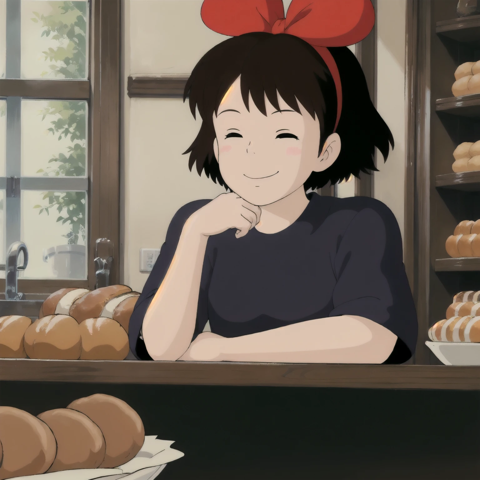 Kiki,One girl,short hair,Brown Hair,Iris,Hair Bow,
View your viewers,Black Dress,Upper Body,Mouth closed,smile,Headrest,indoor,Bakery,bread,food,Sitting,counter,table,Chair,alone,Parody,