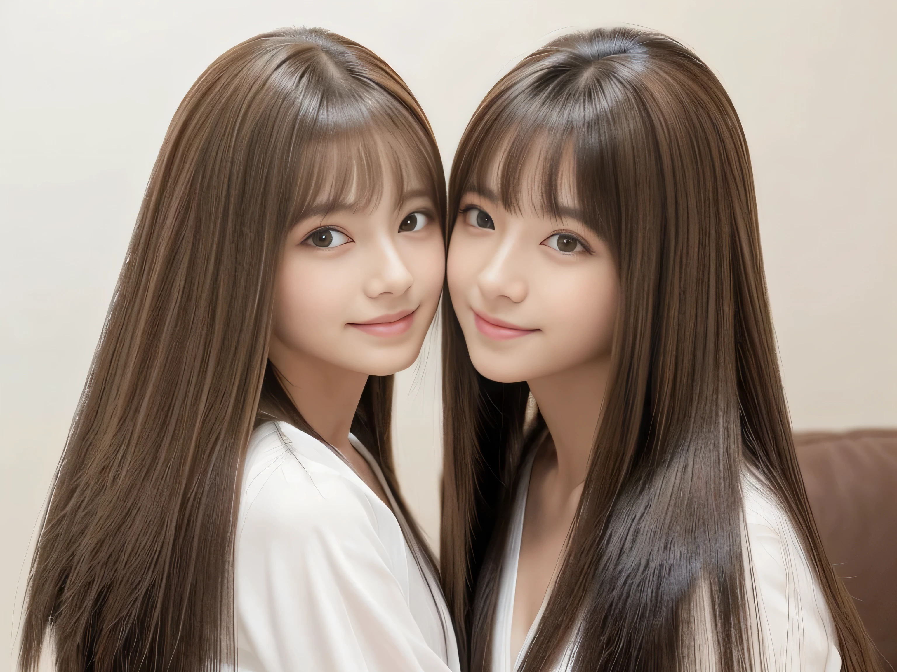 (They are identical twins and are practically clones.　Hairstyle、The hair color is the same)　((They love each other and hold each other tightly:1.5))　(They look happy to see the viewers.)　((Close-up of two people from the neck up))　((Beautiful 24 year old hair model with long light brown hair　Fell straight down　Reaches up to the kneeVery long hair　highest quality　Highest detail　Reaches up to the knee、Very long hair that lasts forever:1.3　Flowing Hair　私ncredibly straight hair　Very shiny そして thick hair　Abnormally long hair that lasts forever　Flowing Hair on both ends　long hair up to the knees:1.2　long hair up to the knees:1.2　Thick and shiny hair　Very free hair　Abnormally long hair!!!!!　Beautiful silky hair　　Beautiful and shiny hair　Beautiful and shiny hair　Beautiful silky hair　Hair that grows to the knees　Very very, Very long hair!!!!!　Very very, Very long hair!!!!!))　(highest quality　The best ultra-fine　Reaches up to the knee、Very long hair that lasts forever　Flowing Hair　Her hair is gently permed　Very shiny そして thick hair　Abnormally long hair that lasts forever　Flowing Hair on both ends　long hair up to the knees:1.2　long hair up to the knees:1.2　Thick and shiny hair　Very free hair　Abnormally long hair!!!!!　Beautiful silky hair　Super long hair down to the knees　Beautiful and shiny hair　Beautiful and shiny hair　Beautiful silky hair　Hair that grows to the knees　Very very, Very long hair!!!!!　Very very, Very long hair!!!!!))　(Her bangs are perfectly trimmed and straight down.:1.3)　((Her hair color is light brown:1.5))　(Pure white wall background:1.8 Pure White Sofa)　(Japan&#39;The sexiest and most beautiful 24 year old model)　(She looks at the viewer with a very seductive expression......)　((highest quality)), ((masterpiece)), (Familiar)　(Get used to it)　Perfect Face　(Her skin is a typical Japanese skin color..　And very detailed)　　(Big Breasts:1.3)　(She is wearing a shiny white camisole.)　(She has a beautiful face and a typical Japanese figure...., Narrow eyes)　(She has perfect 美しい and sexy makeup and face　Lipstick is light red　A solid eyeliner)　((Rich 1.4))　(Extremely detailed 8K)　(Ultra-fine skin texture 1.4)　(Actual, Vibrant:1.4), double eyelid　Sharp focus:1.2、Beautiful woman:1.4　Dynamic Lighting　(Genuine RAW photos taken by professional photographers)　　Professional Hair Shine.　(She has a bright and cheerful face)　(Her face is slim and dignified.., length, Narrow eyes..々Nice face)