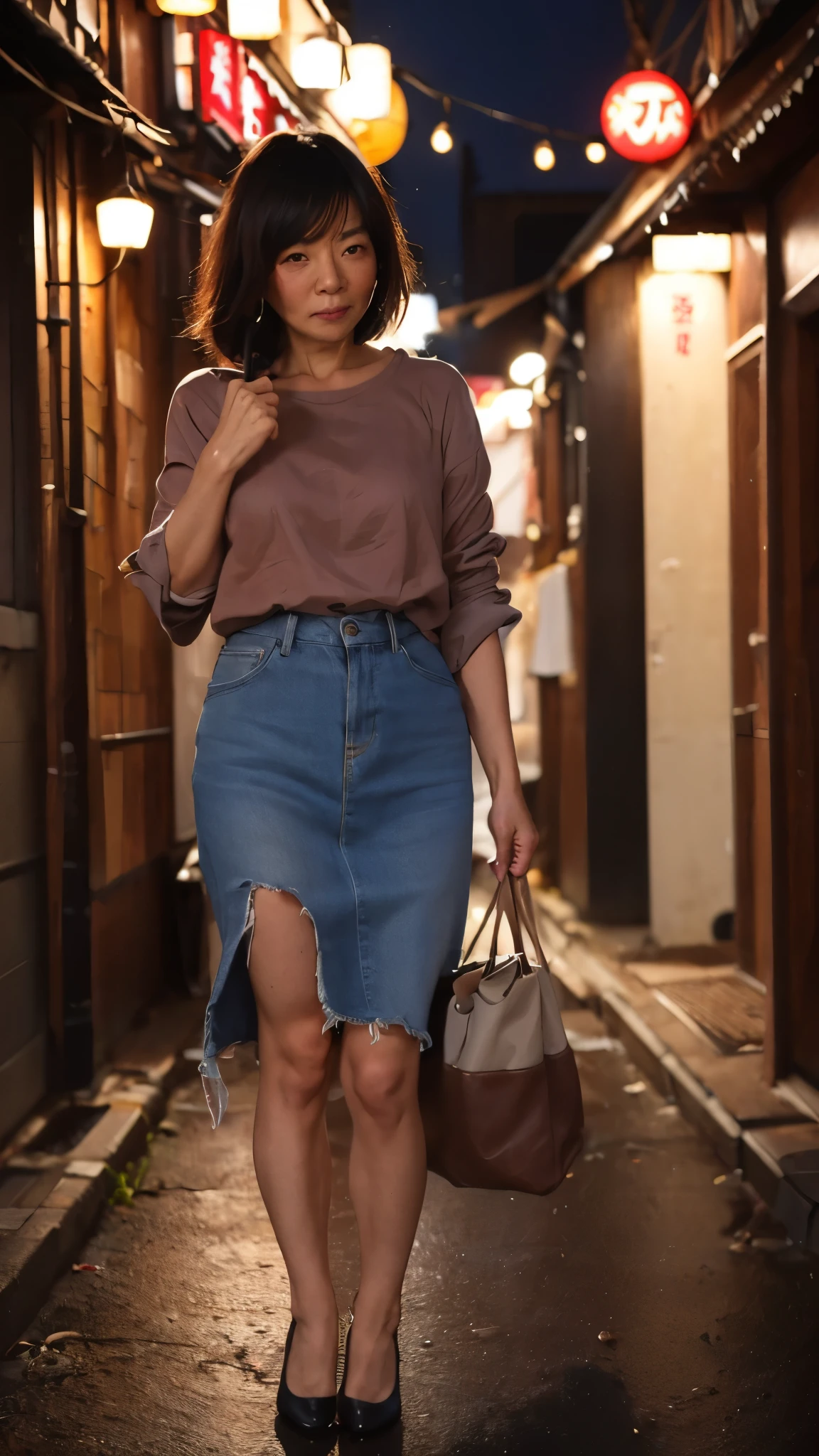 (Beautiful woman, High resolution, Wallpaper 8K Screen, highest quality, Real, Super fine, Exquisite and perfect dynamic composition, (Profile of a Japanese mature woman passing by in an alley), (Shinjuku Golden Gai at night: 1.4) , (Busy), (Narrow alley lined with izakayas), (Detailed background), (Casual wear: 1.4), (60 year old Japanese mature woman), (Realな肌の質感), (Rough overall skin texture: 1.3), (Dull skin: 1.1), (Unmoisturized skin: 1.2), (Skin wrinkles: 0.9), (Wrinkles around the eyes: 1.2), double eyelid, Tear bags under the eyelids, Serious expression, Deep and beautiful eyes, Short bangs, Natural hair movement, (Profile turned around), High heels、Glamorous body, (Full body portrait: 1.4),