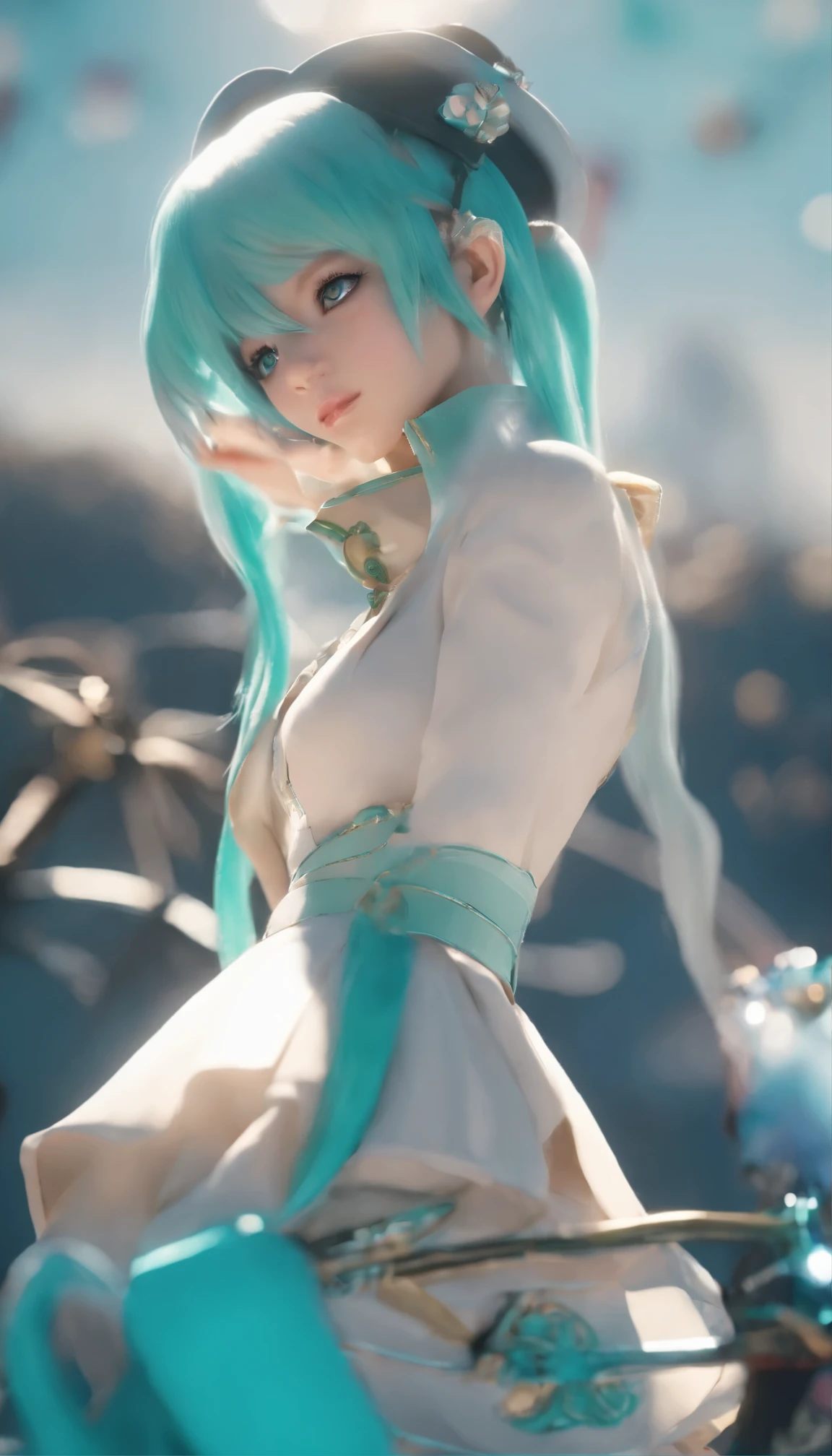 with high definition images，(1girl who drew Hatsune Miku、Ultra-detailed、A cowboy hat to accentuate big eyes、Intricately designed outfit with sequins and holographic effects、Detailed facial features with playful expressions、Artful digital art touch-up、 BREAK、Cowboy Setting、Dusty Road、Sunset in the background、Lasso in hand、High-contrast lighting creates depth and texture、Hatsune Miku&#39;s vibrant colors stand out against the earthy color scenes、 BREAK、Hatsune Miku&#39;s face close-up、Expressing determination and excitement、Freckles and pores are visible、Bring out the realism。Super Shot