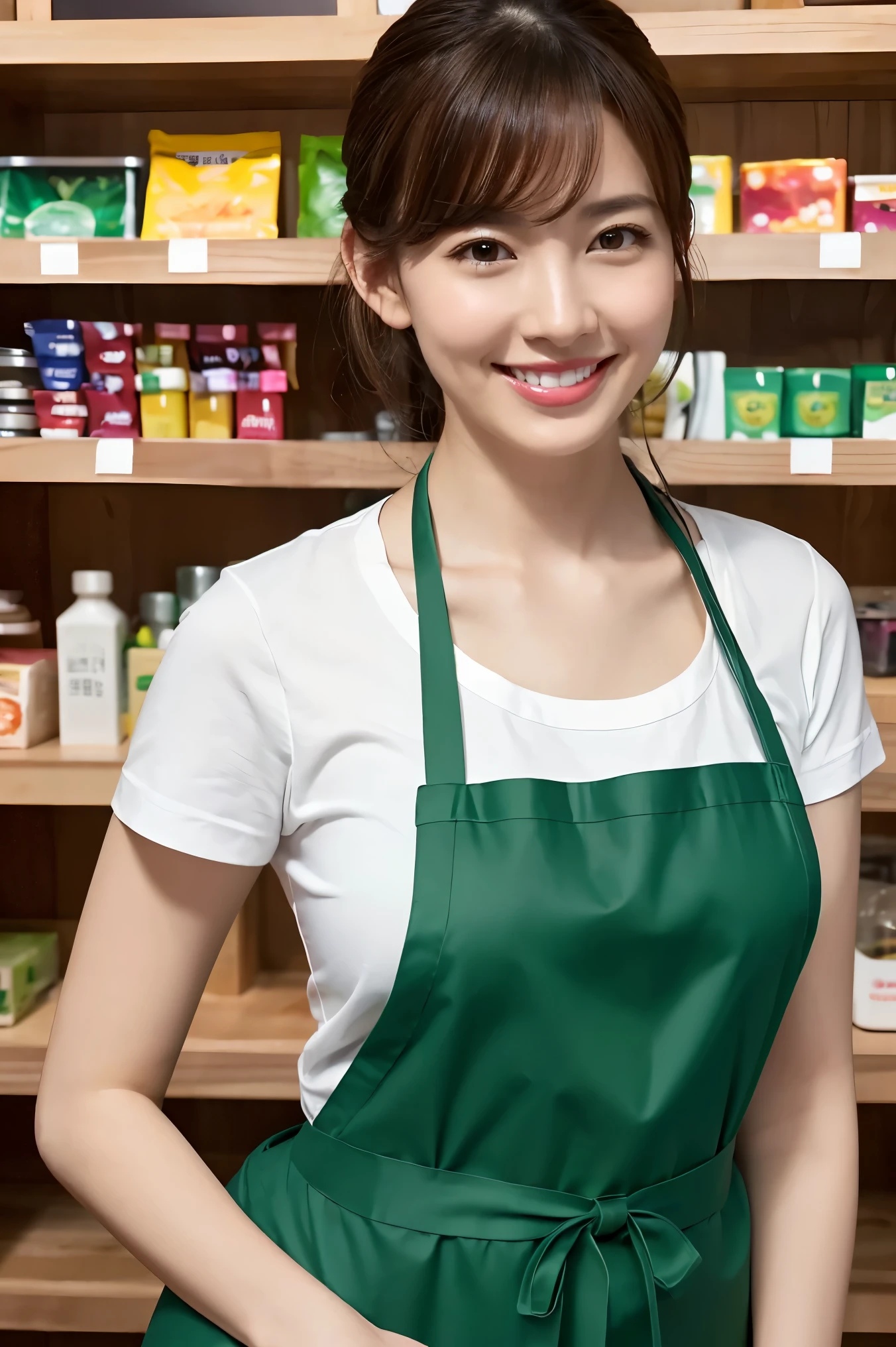 (highest quality、Tabletop、8k、Best image quality、Award-winning works)、a woman working at a convenience store、(The most natural and perfect plain green simple apron:1.3)、(Simple green apron:1.2)、Classy shirt、(Big Breasts:1.1)、(Accentuate your body lines:1.1)、(Standing Elegantly:1.1)、Beautiful woman portrait、The most natural and perfectly organized convenience store、There are convenience store shelves in the background.、Perfectly organized shelves、Shelves lined with products made from natural materials、(very bright and vivid:1.2)、Strongly blurred background、Look at me and smile、(Accurate anatomy:1.1)、Ultra high resolution perfect beautiful teeth、Ultra-high definition beauty face、Ultra HD Hair、Ultra HD Shining Eyes、(輝く超高解像度のGlowing Beautiful Skin:1.3)、(Glowing Beautiful Skin:1.2)、Super high quality glossy lip