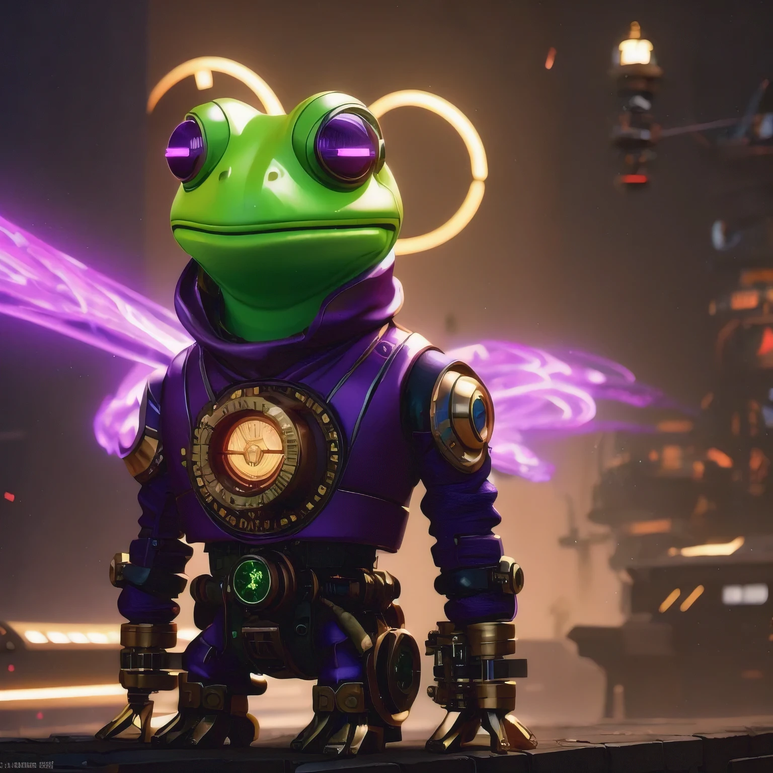 there is a (((steam punk))) frog with purple eyes and a purple cape, kermit the frog as thanos, cyberpunk frog, fantasy style 8 k octane render, super detailed render, small character. unreal engine 5, hyperdetailed fantasy character, unreal 5 engine highlly render, rendered in redshift, hq 4k wallpaper, sci-fi lizard alien, unreal 5 render, alien frog,Green frog，Eyes are purple，Draped in a purple cloak, Kermit the Frog as Thanos, cyberpunk frog, fantasy style 8 k octane render, Ultra-detailed rendering, Personagem pequeno. Unreal Engine 5, Super detailed fantasy characters, Unreal Engine 5 Highly Rendered, Redshift rendering, HD 4K Wallpaper, Sci-fi lizard alien, Unreal 5 Rendering, alien frog,Close ups of robots with lights on their heads, online steampunk 8 k 3 D, 3 D render  Beppur , 8 K fine digital art, fantasy style 8 k octane rendering, small characters Unreal Engine 5, Buppur Octane rendering, 3 D rendering digital art, (Octane rendering) fantasy style, 8 k solar punk wallpaper，Close-up of a robot with a light on its head, cyber steampunk 8 k 3 d, 3 d render Bepple, 4K Detailed Digital Art, Fantasy style 8 k Octane Rendering, Personagem pequeno. Unreal Engine 5, Bepple. Octane Rendering, 3d rendering digital art, (one) Fantasy style, 4k solar punk wallpaperone