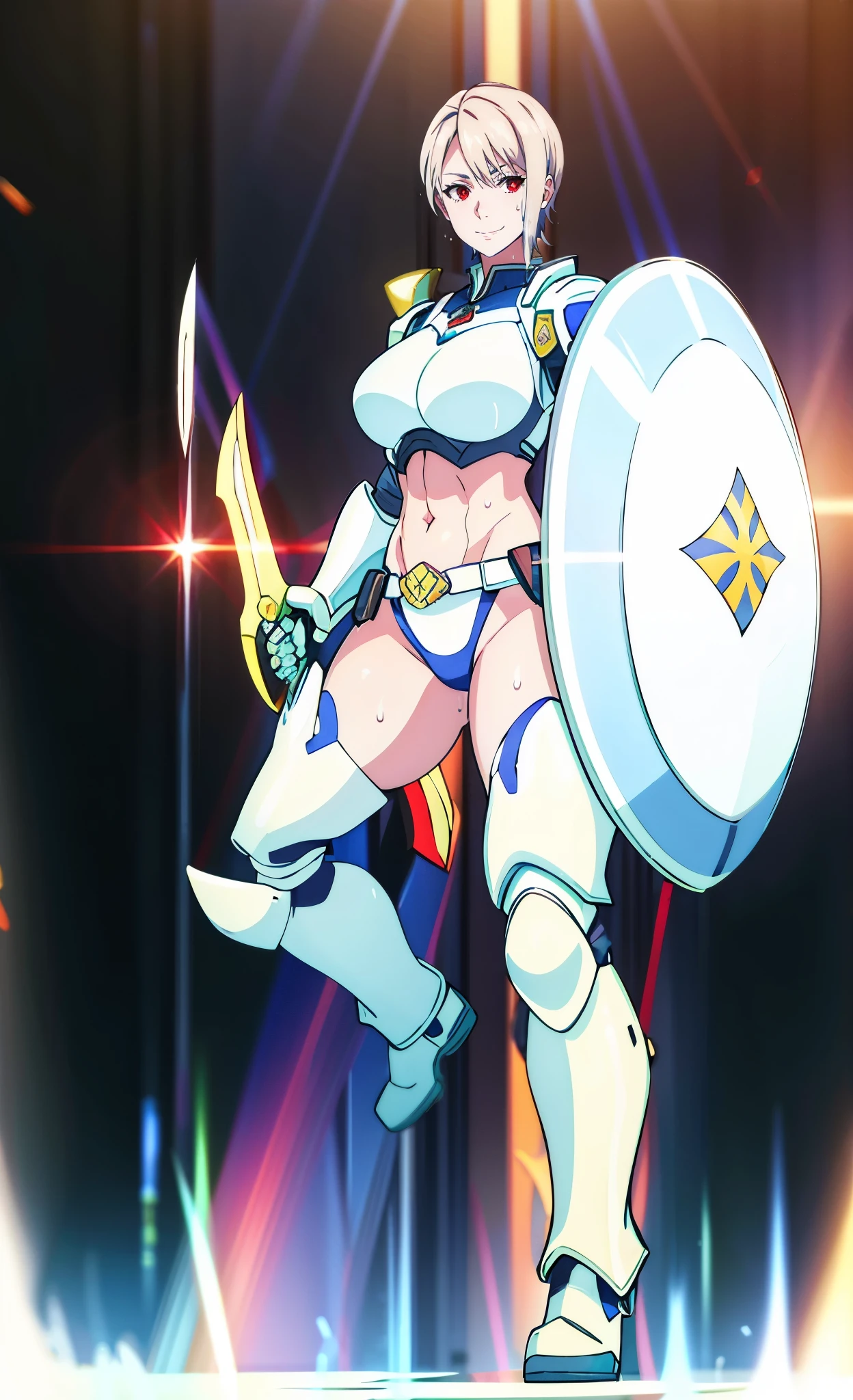 (short hair, silver hair:1.3), red eyes, pale skin, muscular female, anatomically correct, mature female, curvy, huge breasts,  sweating, glowing eyes, heavy breathing, edgHalo_armor, power armor, wearing edgHalo_armo, horizon, dusk, lens flare, field, holding sword, shield