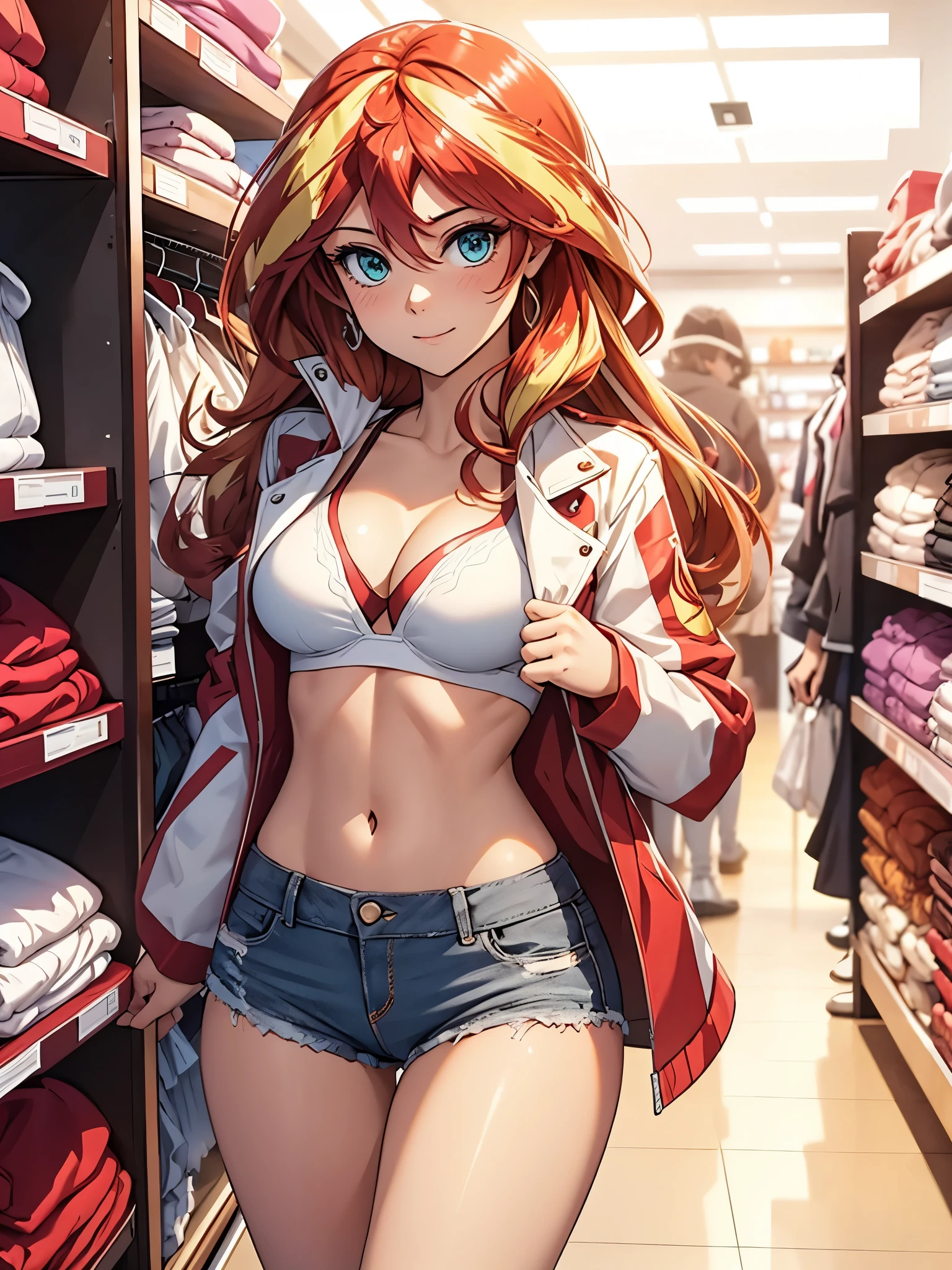 sunset shimmer, white underwear, in a clothing store
