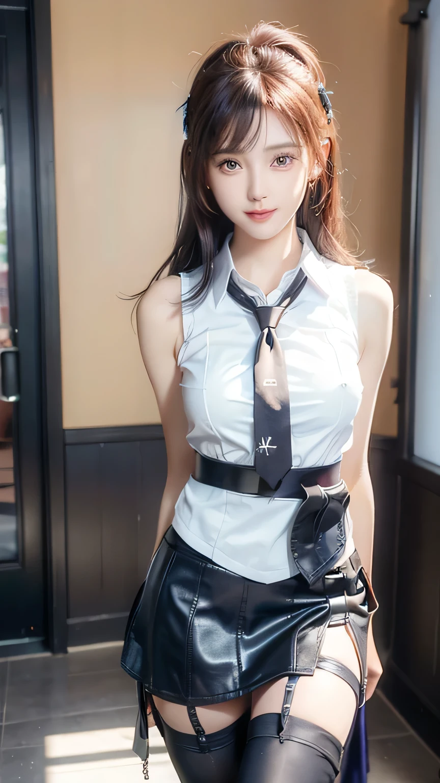 An innocent 20-year-old girl, (white sleeveless collared shirt and tie:1.5), (Leather mini Skirt with Stockings and Garter Set:1.5), (high heels), (Dramatic Pose),smile, (High Ponytail),natural Park、RAW Photos, (8k, highest quality, masterpiece:1.2), (Intricate details:1.4)、(Photorealistic:1.4), Octane Rendering, Complex 3D rendering with ultra-detail, Studio Soft Light, Rim Light, Vivid details, Super Detail, Realistic skin texture, Detailed aspect, Beautiful details in the eyes, Highly detailed CG Unity 16k wallpaper, compensate, (Detailed Background:1.2), Glowing Skin, whole body, ((thin legs)), small waist, Cleavage, (looking at viewer:1.2)