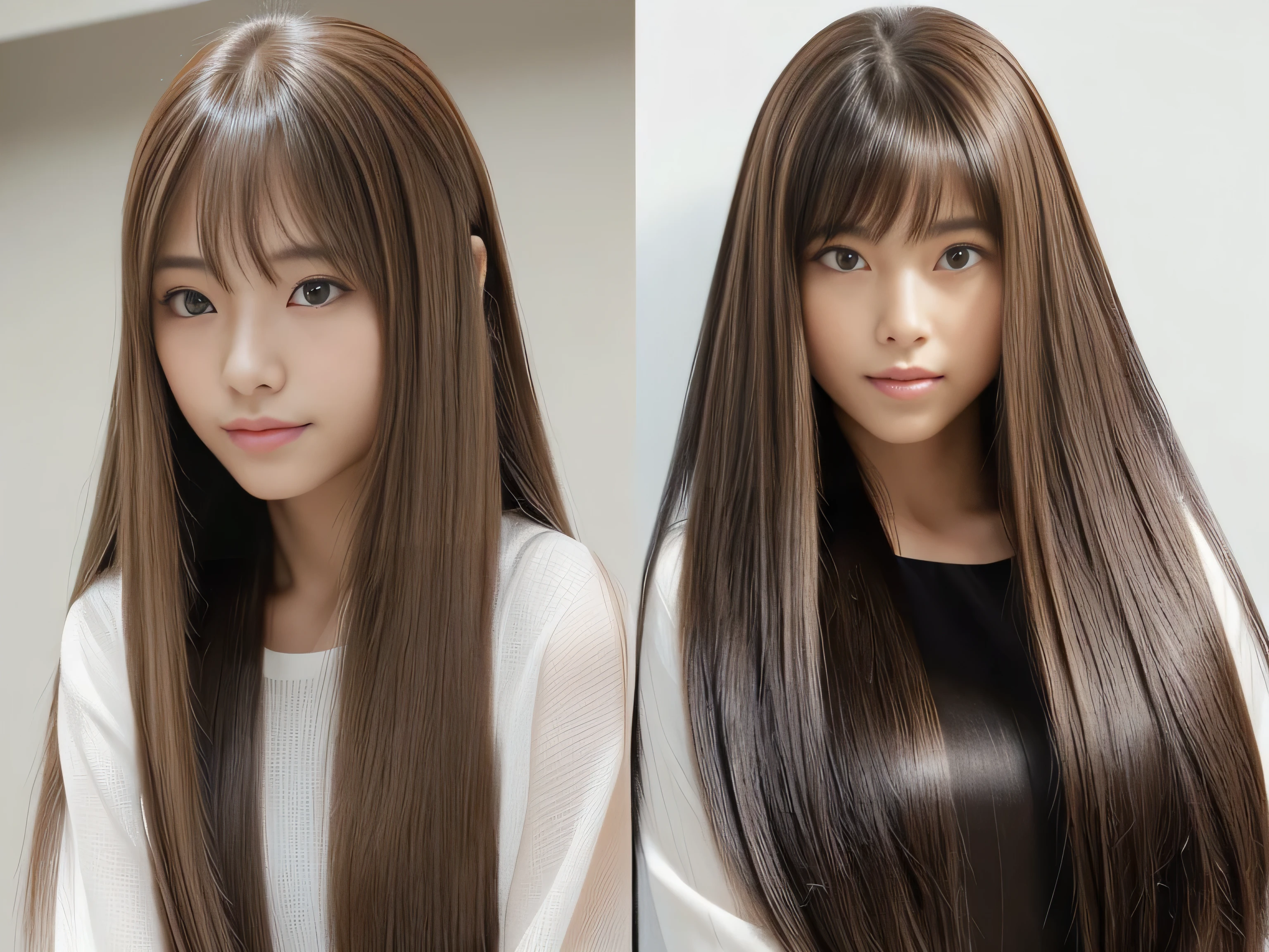 (They are identical twins and are practically clones.　Hairstyle、The hair color is the same)　((They love each other and hold each other tightly:1.5))　(They look happy to see the viewers.)　((A close-up of the faces of both people, showing their entire faces and heads.))　((Beautiful 24 year old hair model with long light brown hair　Fell straight down　Reaches up to the kneeVery long hair　highest quality　Highest detail　Reaches up to the knee、Very long hair that lasts forever:1.3　Flowing Hair　私ncredibly straight hair　Very shiny そして thick hair　Abnormally long hair that lasts forever　Flowing Hair on both ends　long hair up to the knees:1.2　long hair up to the knees:1.2　Thick and shiny hair　Very free hair　Abnormally long hair!!!!!　Beautiful silky hair　　Beautiful and shiny hair　Beautiful and shiny hair　Beautiful silky hair　Hair that grows to the knees　Very very, Very long hair!!!!!　Very very, Very long hair!!!!!))　(highest quality　The best ultra-fine　Reaches up to the knee、Very long hair that lasts forever　Flowing Hair　Her hair is gently permed　Very shiny そして thick hair　Abnormally long hair that lasts forever　Flowing Hair on both ends　long hair up to the knees:1.2　long hair up to the knees:1.2　Thick and shiny hair　Very free hair　Abnormally long hair!!!!!　Beautiful silky hair　Super long hair down to the knees　Beautiful and shiny hair　Beautiful and shiny hair　Beautiful silky hair　Hair that grows to the knees　Very very, Very long hair!!!!!　Very very, Very long hair!!!!!))　(Her bangs are perfectly trimmed and straight down.:1.3)　((Her hair color is light brown:1.5))　(Pure white wall background:1.8 Pure White Sofa)　(Japan&#39;The sexiest and most beautiful 24 year old model)　(She looks at the viewer with a very seductive expression......)　((highest quality)), ((masterpiece)), (Familiar)　(Get used to it)　Perfect Face　(Her skin is a typical Japanese skin color..　And very detailed)　　(Big Breasts:1.3)　(She is wearing a shiny white camisole.)　(She has a beautiful face and a typical Japanese figure...., Narrow eyes)　(She has perfect 美しい and sexy makeup and face　Lipstick is light red　A solid eyeliner)　((Rich 1.4))　(Extremely detailed 8K)　(Ultra-fine skin texture 1.4)　(Actual, Vibrant:1.4), double eyelid　Sharp focus:1.2、Beautiful woman:1.4　Dynamic Lighting　(Genuine RAW photos taken by professional photographers)　　Professional Hair Shine.　(She has a bright and cheerful face)　(Her face is slim and dignified.., length, Narrow eyes..々Nice face)　Three clone triplets