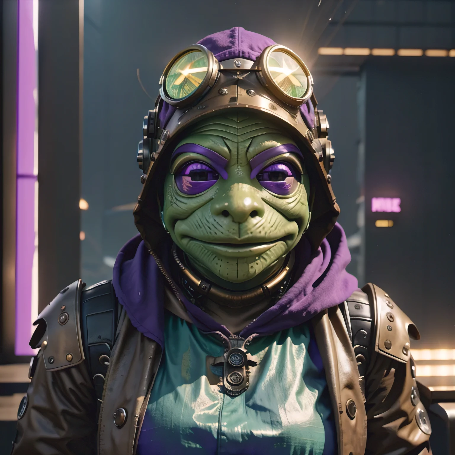 there is a (((steam punk))) frog with purple eyes and a purple cape, kermit the frog as thanos, cyberpunk frog, fantasy style 8 k octane render, super detailed render, small character. unreal engine 5, hyperdetailed fantasy character, unreal 5 engine highlly render, rendered in redshift, hq 4k wallpaper, sci-fi lizard alien, unreal 5 render, alien frog,Green frog，Eyes are purple，Draped in a purple cloak, Kermit the Frog as Thanos, cyberpunk frog, fantasy style 8 k octane render, Ultra-detailed rendering, Personagem pequeno. Unreal Engine 5, Super detailed fantasy characters, Unreal Engine 5 Highly Rendered, Redshift rendering, HD 4K Wallpaper, Sci-fi lizard alien, Unreal 5 Rendering, alien frog,Close ups of robots with lights on their heads, online steampunk 8 k 3 D, 3 D render  Beppur , 8 K fine digital art, fantasy style 8 k octane rendering, small characters Unreal Engine 5, Buppur Octane rendering, 3 D rendering digital art, (Octane rendering) fantasy style, 8 k solar punk wallpaper，Close-up of a robot with a light on its head, cyber steampunk 8 k 3 d, 3 d render Bepple, 4K Detailed Digital Art, Fantasy style 8 k Octane Rendering, Personagem pequeno. Unreal Engine 5, Bepple. Octane Rendering, 3d rendering digital art, (one) Fantasy style, 4k solar punk wallpaperone