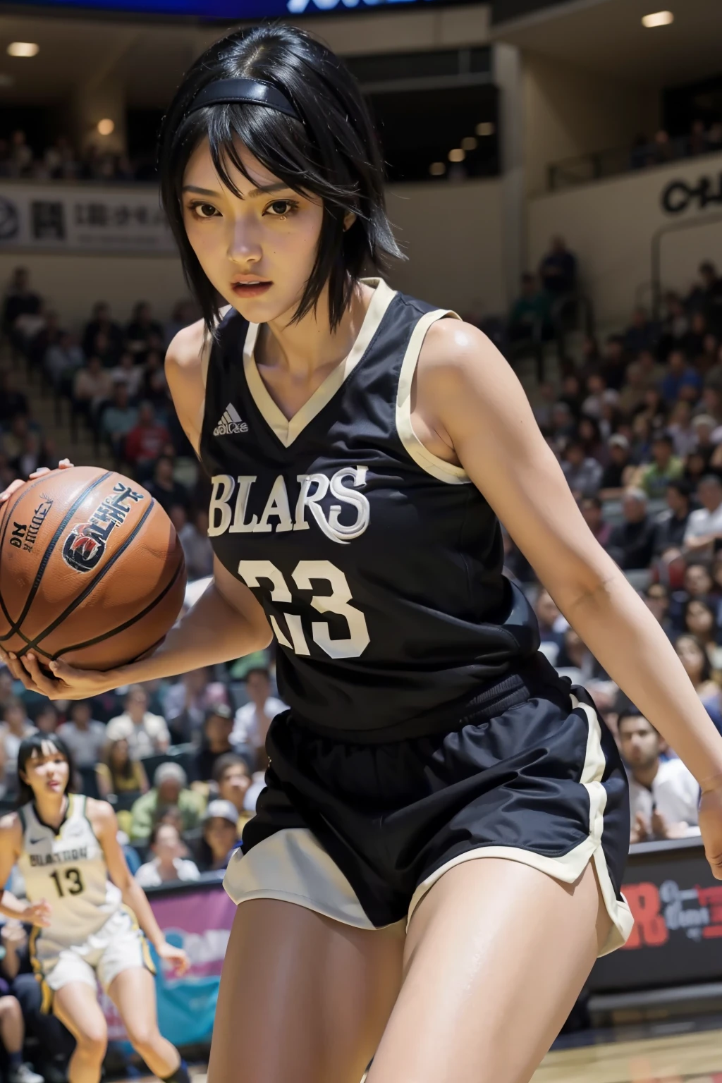 Shizune, short hair, hairband, black eyes, beautiful, gorgeous woman, perfect body, perfect breasts, thick thighs, wearing a basketball jersey, on the basketball court, holding a basketball