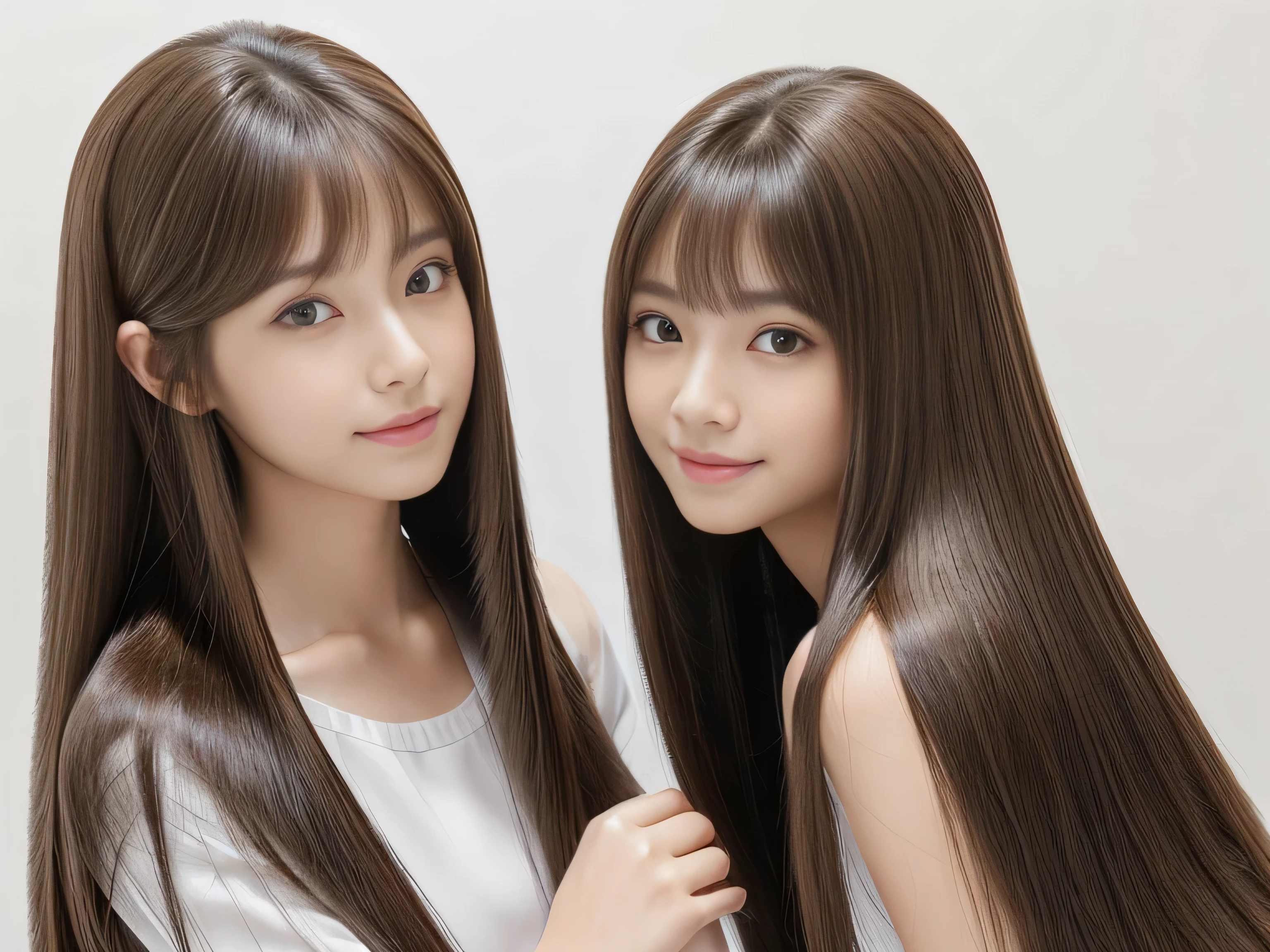 (They are identical twins and are practically clones.　Hairstyle、The hair color is the same　Shoot in the same space)　((They love each other and hold each other tightly:1.5))　(They look happy to see the viewers.)　((A close-up of the faces of both people, showing their entire faces and heads.))　((Beautiful 24 year old hair model with long light brown hair　Fell straight down　Reaches up to the kneeVery long hair　highest quality　Highest detail　Reaches up to the knee、Very long hair that lasts forever:1.3　Flowing Hair　私ncredibly straight hair　Very shiny そして thick hair　Abnormally long hair that lasts forever　Flowing Hair on both ends　long hair up to the knees:1.2　long hair up to the knees:1.2　Thick and shiny hair　Very free hair　Abnormally long hair!!!!!　Beautiful silky hair　　Beautiful and shiny hair　Beautiful and shiny hair　Beautiful silky hair　Hair that grows to the knees　Very very, Very long hair!!!!!　Very very, Very long hair!!!!!))　(highest quality　The best ultra-fine　Reaches up to the knee、Very long hair that lasts forever　Flowing Hair　Her hair is gently permed　Very shiny そして thick hair　Abnormally long hair that lasts forever　Flowing Hair on both ends　long hair up to the knees:1.2　long hair up to the knees:1.2　Thick and shiny hair　Very free hair　Abnormally long hair!!!!!　Beautiful silky hair　Super long hair down to the knees　Beautiful and shiny hair　Beautiful and shiny hair　Beautiful silky hair　Hair that grows to the knees　Very very, Very long hair!!!!!　Very very, Very long hair!!!!!))　(Her bangs are perfectly trimmed and straight down.:1.3)　((Her hair color is light brown:1.5))　(Pure white wall background:1.8 Pure White Sofa)　(Japan&#39;The sexiest and most beautiful 24 year old model)　(She looks at the viewer with a very seductive expression......)　((highest quality)), ((masterpiece)), (Familiar)　(Get used to it)　Perfect Face　(Her skin is a typical Japanese skin color..　And very detailed)　　(Big Breasts:1.3)　(She is wearing a shiny white camisole.)　(She has a beautiful face and a typical Japanese figure...., Narrow eyes)　(She has perfect 美しい and sexy makeup and face　Lipstick is light red　A solid eyeliner)　((Rich 1.4))　(Extremely detailed 8K)　(Ultra-fine skin texture 1.4)　(Actual, Vibrant:1.4), double eyelid　Sharp focus:1.2、Beautiful woman:1.4　Dynamic Lighting　(Genuine RAW photos taken by professional photographers)　　Professional Hair Shine.　(She has a bright and cheerful face)　(Her face is slim and dignified.., length, Narrow eyes..々Nice face)　Three clone triplets