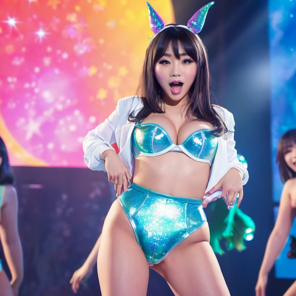 8K, highest quality, High resolution, realistic, real person, Live stage where a large audience gathers, one girl, young and cute korean idol, ((cane)), big, long and beautiful legs, While smiling on stage々dance vigorously in a pose, hold a microphone, Showing off gorgeous costumes, beautiful light up