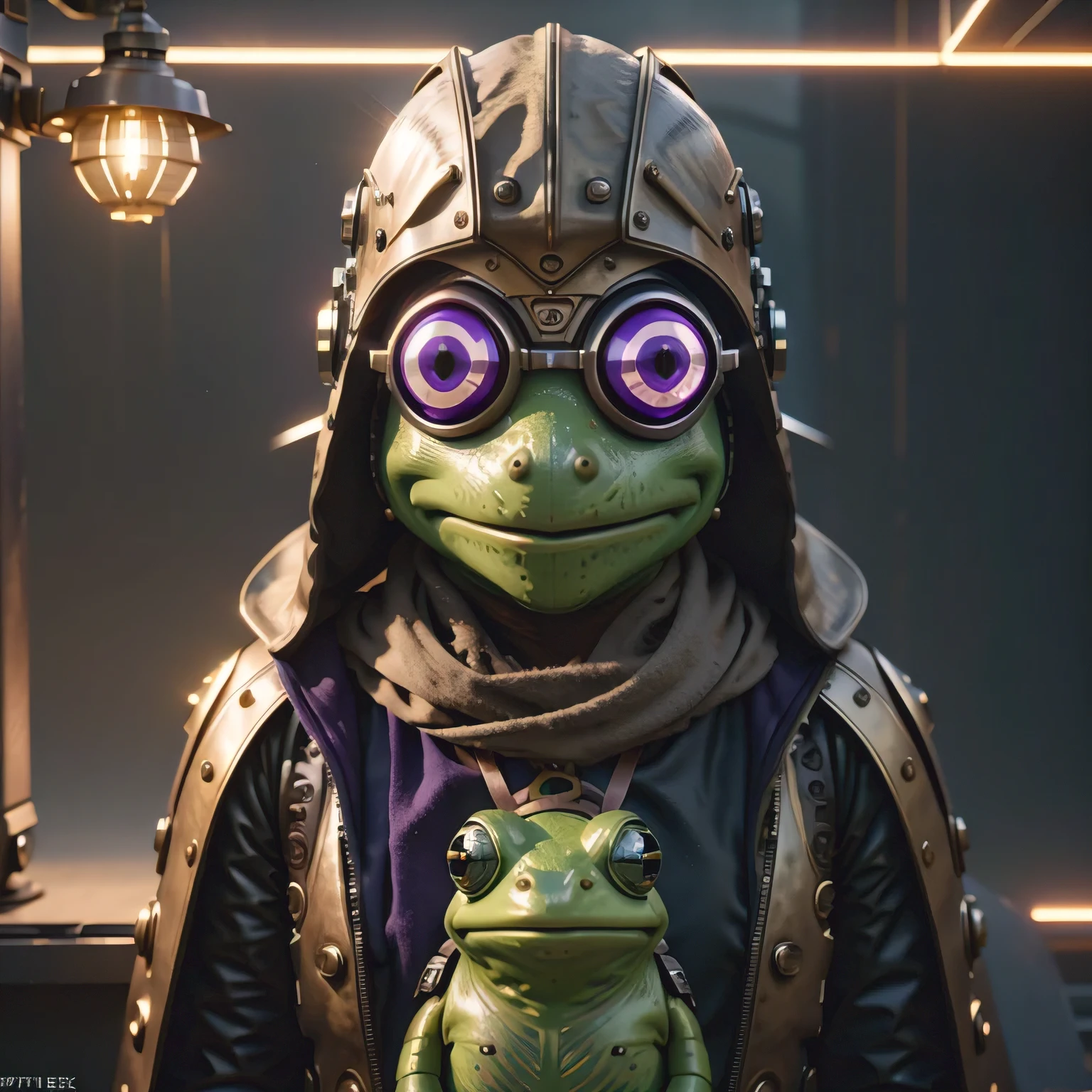 there is a (((steam punk))) frog with purple eyes and a purple cape, kermit the frog as thanos, cyberpunk frog, fantasy style 8 k octane render, super detailed render, small character. unreal engine 5, hyperdetailed fantasy character, unreal 5 engine highlly render, rendered in redshift, hq 4k wallpaper, sci-fi lizard alien, unreal 5 render, alien frog,Green frog，Eyes are purple，Draped in a purple cloak, Kermit the Frog as Thanos, cyberpunk frog, fantasy style 8 k octane render, Ultra-detailed rendering, Personagem pequeno. Unreal Engine 5, Super detailed fantasy characters, Unreal Engine 5 Highly Rendered, Redshift rendering, HD 4K Wallpaper, Sci-fi lizard alien, Unreal 5 Rendering, alien frog,Close ups of robots with lights on their heads, online steampunk 8 k 3 D, 3 D render  Beppur , 8 K fine digital art, fantasy style 8 k octane rendering, small characters Unreal Engine 5, Buppur Octane rendering, 3 D rendering digital art, (Octane rendering) fantasy style, 8 k solar punk wallpaper，Close-up of a robot with a light on its head, cyber steampunk 8 k 3 d, 3 d render Bepple, 4K Detailed Digital Art, Fantasy style 8 k Octane Rendering, Personagem pequeno. Unreal Engine 5, Bepple. Octane Rendering, 3d rendering digital art, (one) Fantasy style, 4k solar punk wallpaperone