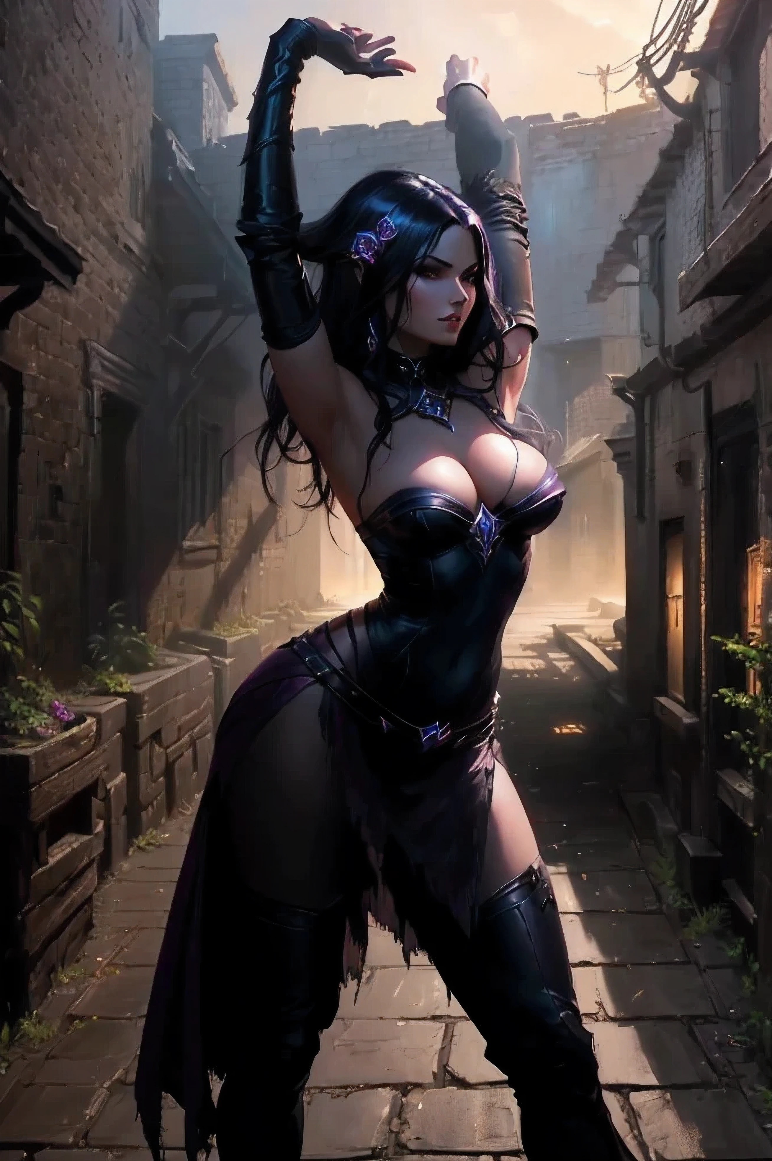arafed woman in a black outfit posing in a alley, liliana vess, tyler edlin fantasy art, samira from league of legends, 4k fantasy art, wlop and artgerm, diablo 4 lilith, morgana from league of legends, dark sorceress, epic exquisite character art, artgerm and wlop