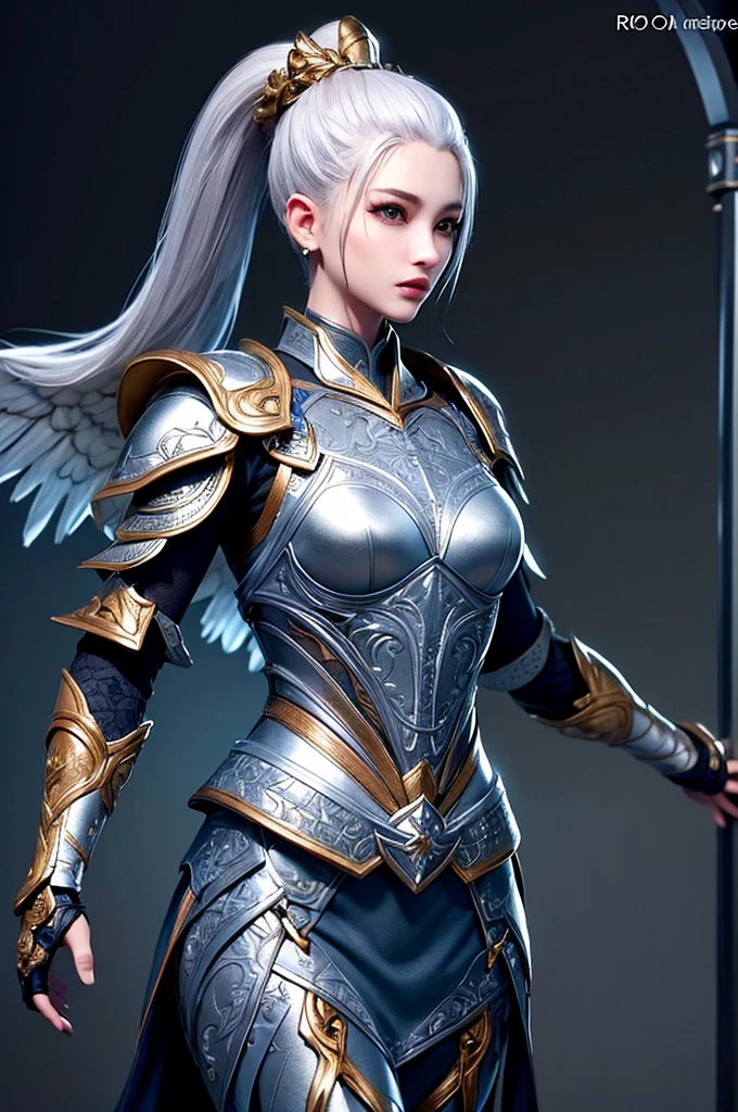 (best quality, masterpiece: 1.2), Ultra-high resolution, Practical, forward lighting, Intricate details, Exquisite details and textures, 1 Girl, Solitary, (young), Facial highlights, Upper Body, Delicate face, Tear Point, White skin, Silver Hair , Ponytail, braid, Viewer, big eyes, Large and unique earrings, Normal breast, slim, Luxury rooms, Professional lighting, Photon Mapping, Radiosity, Physically Based Rendering, Paladin Armor, Shoulder and chest armor worn on waist and arms, The armor is engraved with an eagle pattern, The armor is designed with detailed patterns, Armor is a style that shows femininity'Body, Short skirt, mini skirt, 铠甲里面穿着一件紧贴Body的衣服 ,There is a very luxurious cloak, The pattern is engraved on the shape of the cape, Wearing a Denis kilt, Knight of Holy Justice, Large oversized hammer weapon, Natural five fingers, Armor pattern with eagle wings,