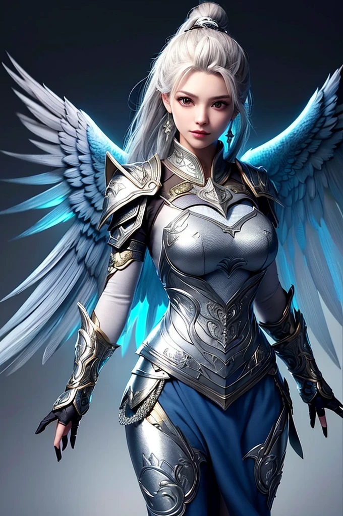 (best quality, masterpiece: 1.2), Ultra-high resolution, Practical, forward lighting, Intricate details, Exquisite details and textures, 1 Girl, Solitary, (young), Facial highlights, Upper Body, Delicate face, Tear Point, White skin, Silver Hair , Ponytail, braid, Viewer, big eyes, Large and unique earrings, Normal breast, slim, Luxury rooms, Professional lighting, Photon Mapping, Radiosity, Physically Based Rendering, Paladin Armor, Shoulder and chest armor worn on waist and arms, The armor is engraved with an eagle pattern, The armor is designed with detailed patterns, Armor is a style that shows femininity'Body, Short skirt, mini skirt, 铠甲里面穿着一件紧贴Body的衣服 ,There is a very luxurious cloak, The pattern is engraved on the shape of the cape, Wearing a Denis kilt, Knight of Holy Justice, Large oversized hammer weapon, Natural five fingers, Armor pattern with eagle wings,