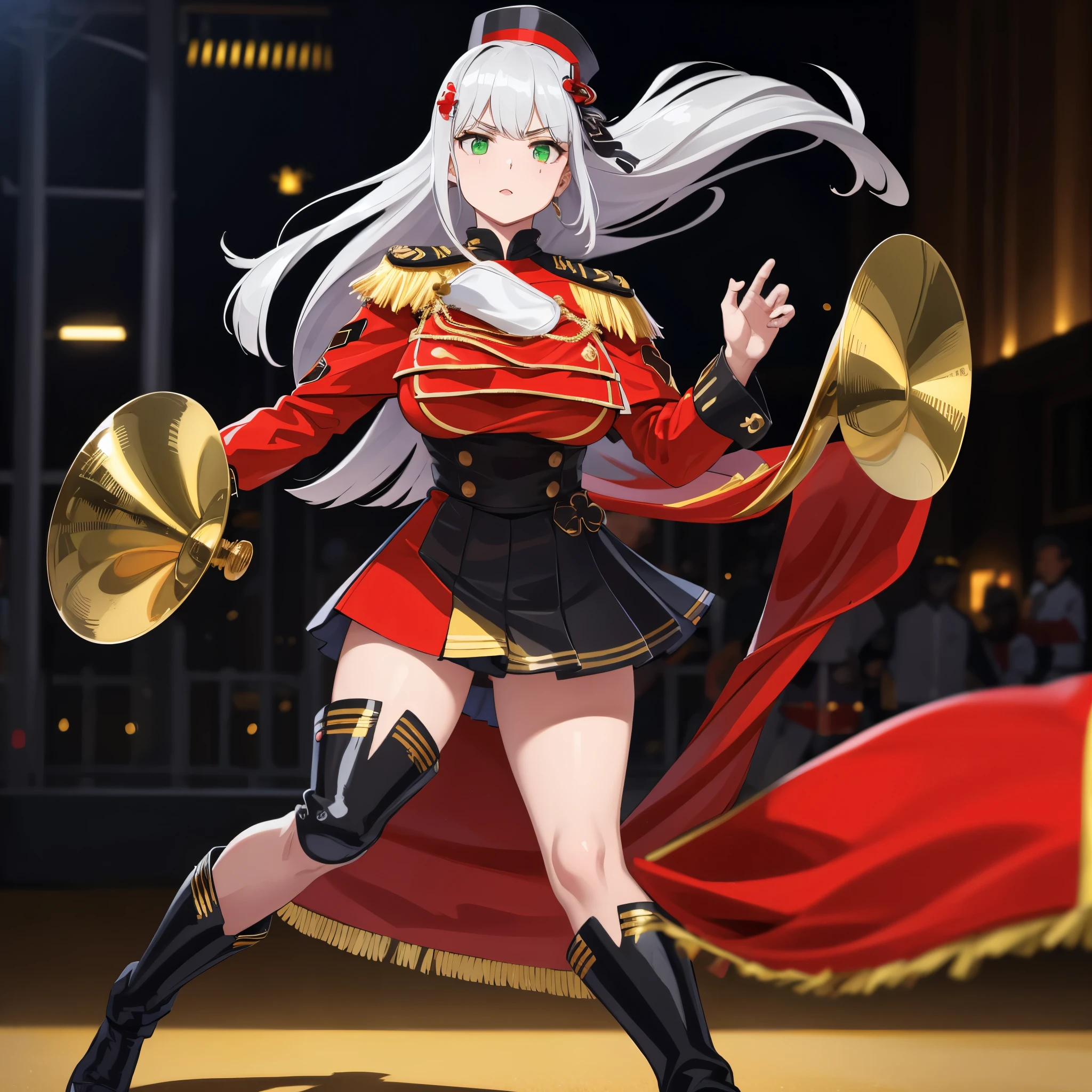 A woman wearing red marching band uniforms with gold details, gold shoulder pads, wearing a red drum major hat with gold details, black boots, big breasts, long silver hair, green eyes, serious face, full body, walking on the dance floor of a city, various people in blurred marching band uniforms,,( solo woman), glow, drop shadow, flower, UHD, masterpiece, accurate, anatomically correct, textured skin, super detail, high quality, best quality, 8k, high resolution, bokeh effect.