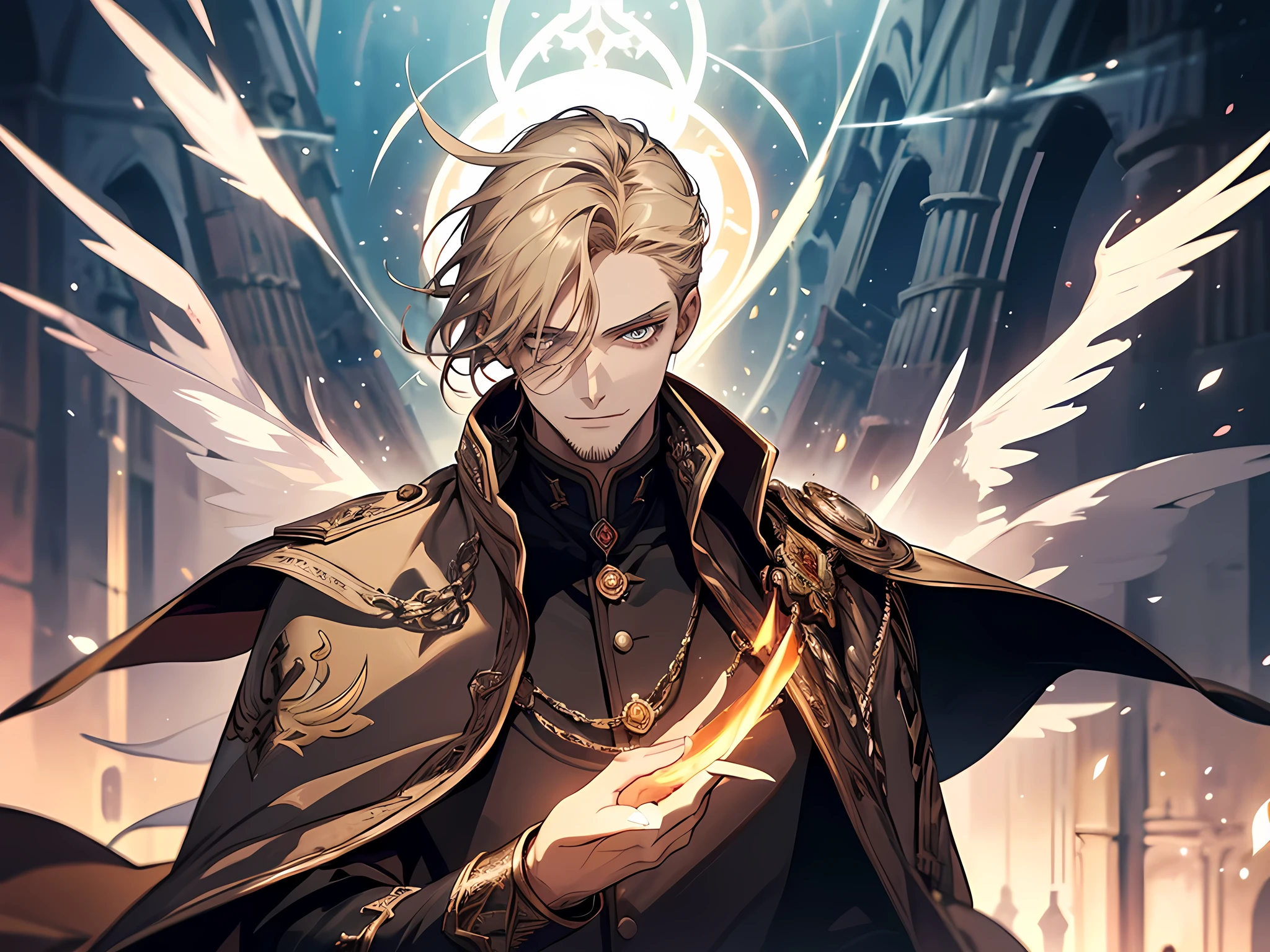 maximum details, cinematic, abstract art,  stylized,  (1man, thin adult swedish male:1.2),  amber eyes, dark blonde hair, goatee, 
Style-GravityMagic, solo, full body, looking away, detailed background, detailed face, (renaissance theme:1.1), glowing eyes, (angel of war:1.05),  wearing dark brown themed robes, cape,, smile,   raised hand, dynamic pose,  floating  particles, light globules,    bearing the  flame of judgement, elemental harmony, ,  pristine cathedral in background, rays of bright light, chaoitc vortex, fantasy atmosphere,
colorhalf00d, detailed eyes, extremely detailed eyes, half-body illustration, (half-body:0.6)