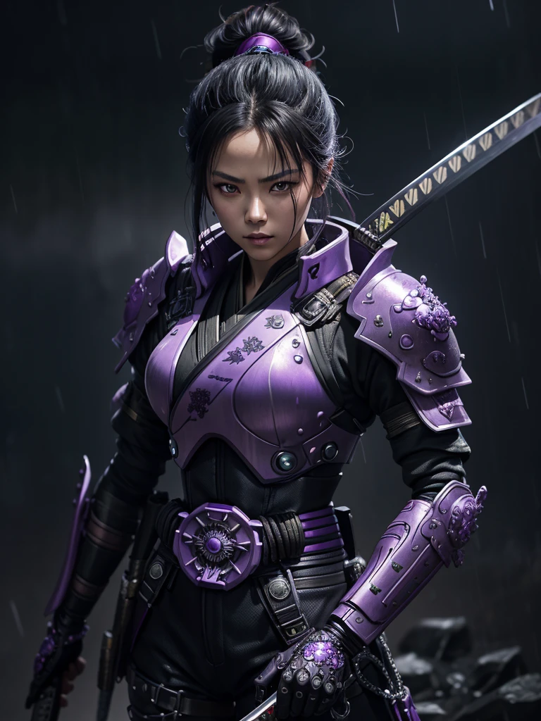 Portrait cinematic view intricately detailed colorful purple and black cyberpunk body of samurai female holding his plasma katana, battle mode, Delicate and bright eyes, Stand proudly, at rainy Day, His extremely detailed metal armor shines，Reflecting the light from above, Clear focus,Raindrops blurred abstract background