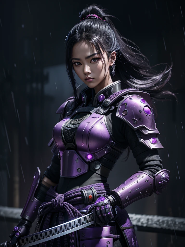 Portrait cinematic view intricately detailed colorful purple and black cyberpunk body of samurai female holding his plasma katana, battle mode, Delicate and bright eyes, Stand proudly, at rainy Day, His extremely detailed metal armor shines,Reflecting the light from above, Clear focus,Raindrops blurred abstract background