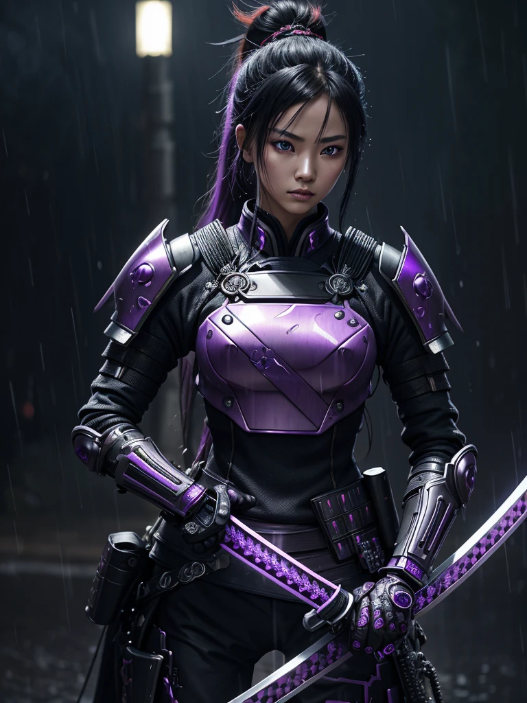Portrait cinematic view intricately detailed colorful purple and black cyberpunk body of samurai female holding his plasma katana, battle mode, Delicate and bright eyes, Stand proudly, at rainy Day, His extremely detailed metal armor shines，Reflecting the light from above, Clear focus,Raindrops blurred abstract background