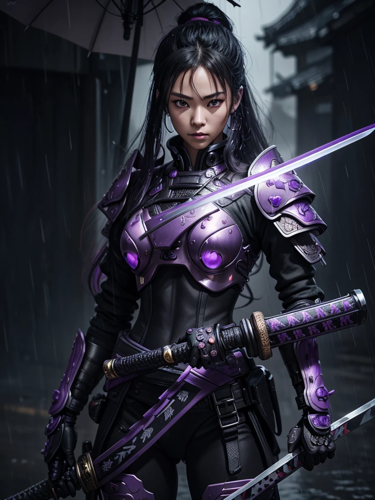 Portrait cinematic view intricately detailed colorful purple and black cyberpunk body of samurai female holding his plasma katana, battle mode, Delicate and bright eyes, Stand proudly, at rainy Day, His extremely detailed metal armor shines，Reflecting the light from above, Clear focus,Raindrops blurred abstract background