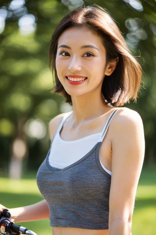 (best quality,4k,8k,highres,masterpiece:1.2),ultra-detailed,(realistic,photorealistic,photo-realistic:1.37),Japanese woman, beautiful detailed eyes,long eyelashes,short hair,casual tank top,shorts,full body,riding a bike in the park,red lipstick,vivid colors,soft lighting,subtle bokeh sexy