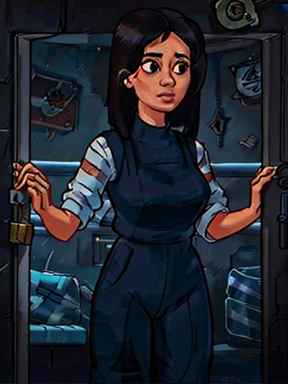 Locked in a cell, behind bars, PEITO ENORME, decote, bunda grande, prisioneiro, Prison striped jumpsuit, listras pretas e brancas, listras pretas e brancas, cell, trancado, algemado, cabelo roxo, Cabelo grande, Acorrentado, contido