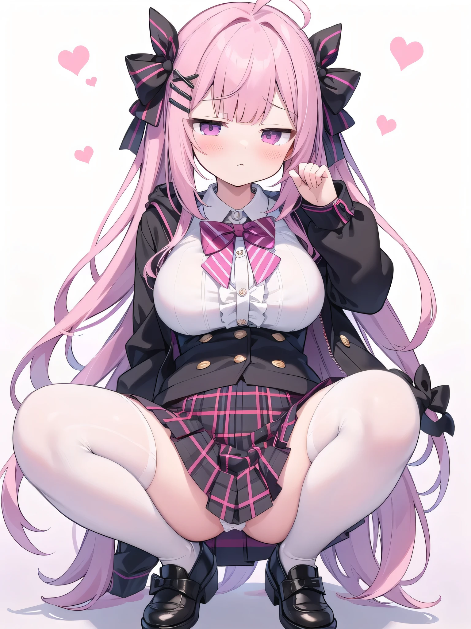 Big breasts with legs spread,High Resolution 1girl Ahoge Bobby_pin bow bowtie braid brOwn_目s collared_shirt dojikko_Temporarily stop_shirt frilled_shirt_Color Free Joint_skirt frills hair_bow hair_ornament hairpin hand_in addition_Own_head, heart, heart_hair_Decorative hood_jacket jacket lin additiong_Pentagon Pink_hair plaid plaid_Ribbon Check_Pleated skirt_skirt shirt shoelaces shoes simple_background skirt solo star_(symbol) twin_Braided Warisa White_Background bus stop_Knee socks, whole body