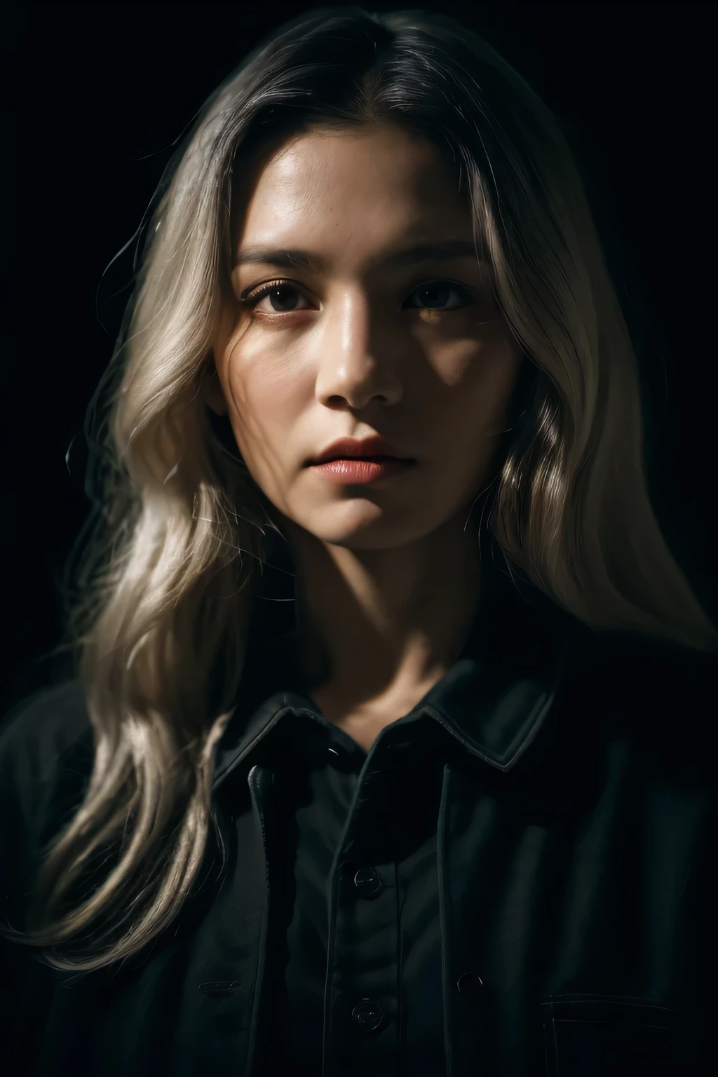 (Front Focus), (In the Dark:1.6), Hyperrealist Female Portrait by David Hockney and Alphonse Mucha, Fantasy art, Photorealistic, Dynamic Lighting, Art Station, Poster, Volumetric lighting, Highly detailed face, 4k yen, Awards, One girl, In the Dark, Deep Shadow, Modest, Cowboy Shot, (Official attire:1.4), Long Hair, Gray Hair