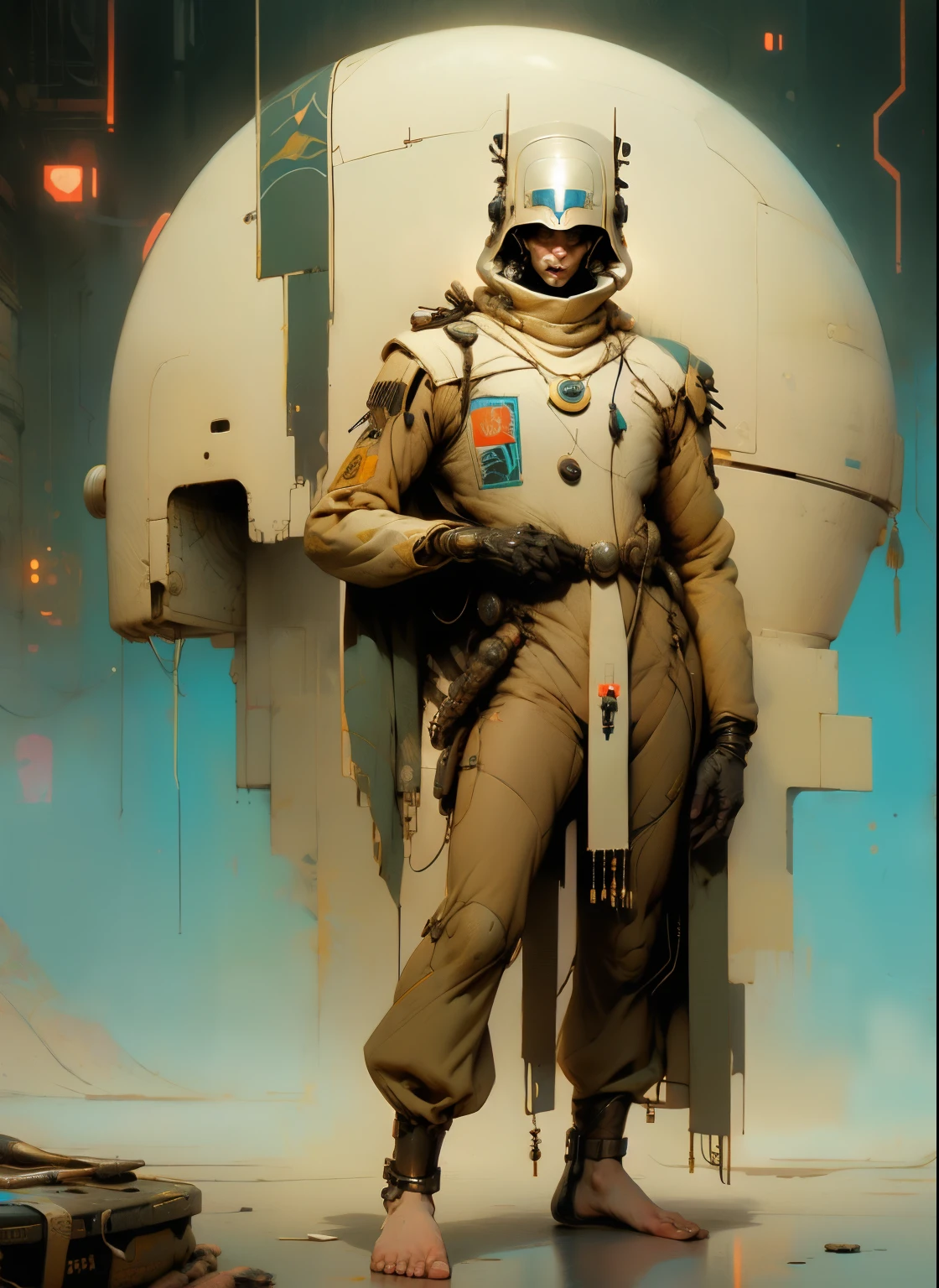 perfect proportions, anatomically correct, (head to toe: 2.0), (full body image: 2.0), solo, (Buck Rogers: 1.6), extremely stylized, deviant art, masterpiece, highly detailed, detailed eyes, expressive detailed eyes, detailed pupils, futuristic, ((1950s scifi helmet)), ((pointy helmet)), Rubber Gloss, (flightsuit:1.4), big boots, entire body image, full body shot, nvinkpunk, professional photograph of alexander_skarsgard, tassles, large beads, (large tassels), cyberpunk, inkpunk, paint platter, ink splatter, (action pose:1.0), 