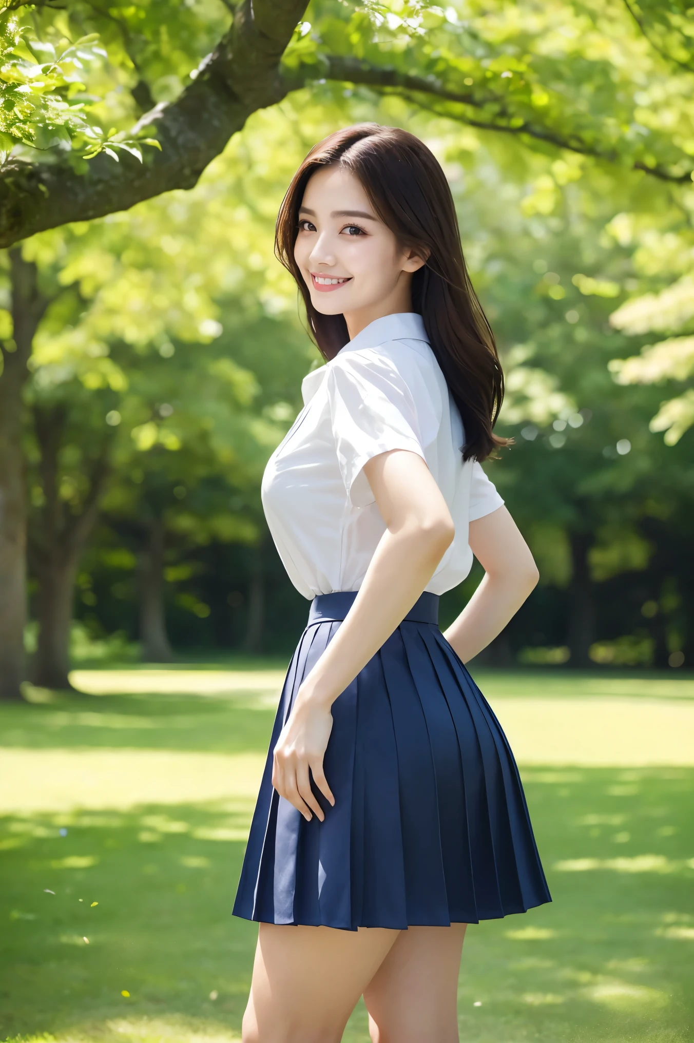(highest quality、Tabletop、8k、Best image quality、Award-winning works)、One high school girl、16 years old、(alone:1.1)、(1 photo:1.1)、Perfect beautiful composition、(Large Breasts:1.3)、(Accentuate your body lines:1.1)、(Perfect and precise white polyester shirt:1.1)、(Navy Pleated Skirt:1.1)、(Foot Pictures:1.2)、Look at me and smile、(Beautiful park background with strong blur:1.1)、The most natural and perfect beauty park、A perfectly maintained regular park、Standing Elegantly、Natural Makeup、(Thick legs:1.3)、(Glamorous Body:1.3)、Ultra-high definition beauty face、Ultra HD Hair、Ultra HD Shining Eyes、(Ultra-high resolution glossy skin:1.1)、Super high quality glossy lip、Accurate anatomy、(very bright and vivid:1.1)、(Rear View:1.3)、(she'sheはお尻を私の方に向ける:1.2)、(big and beautiful hips:1.2)、(Emphasizes the beautiful hip line:1.2)