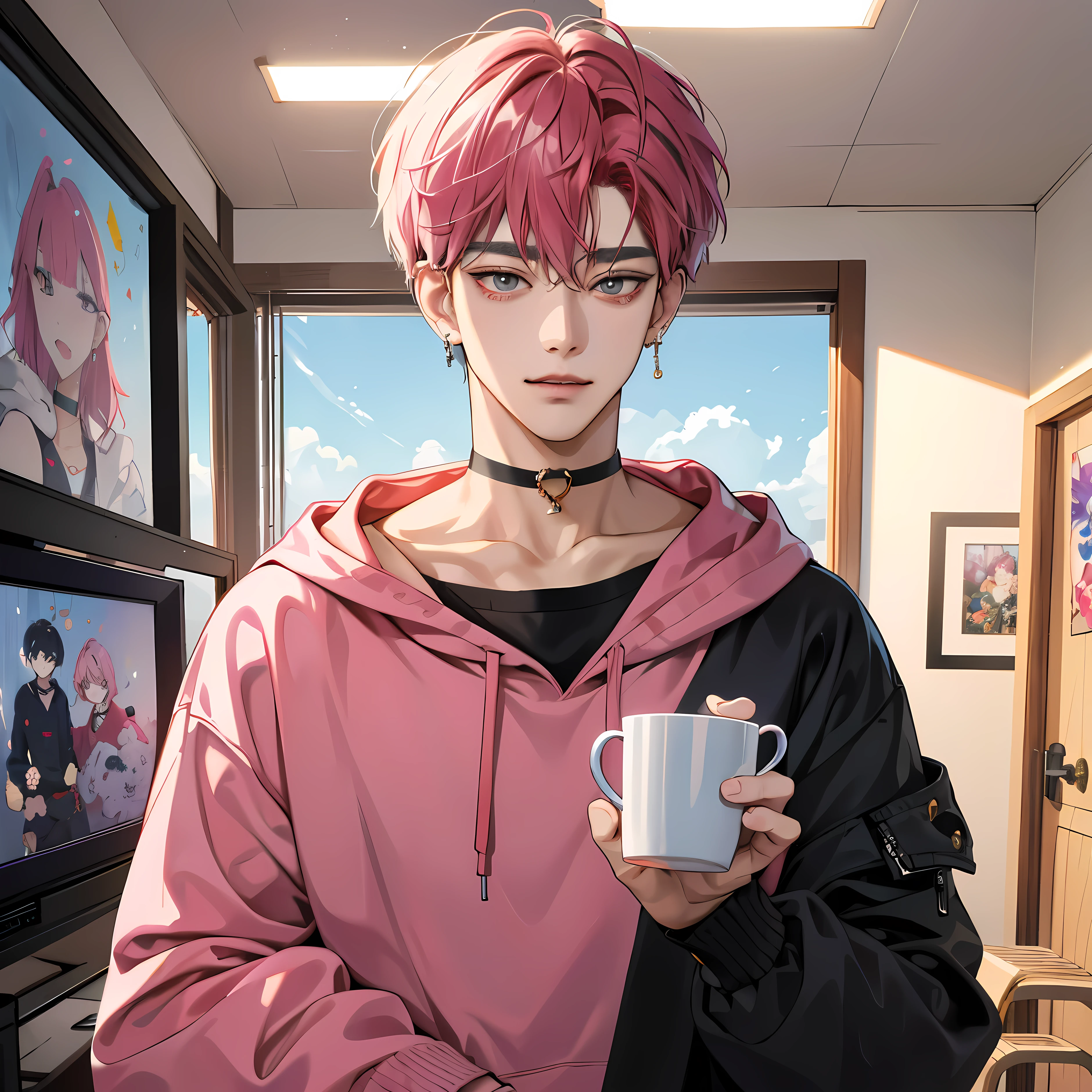 Guviz-style artwork, Made at Anime Painter Studio, anime realism style, realistic anime art style, Drawn at Anime Painter Studio, Inspired by Kim Taehyung, In an anime style, anime handsome man, dark pink hair、A sloppy smile、choker、Multiple piercingan with short hair、One man、gray eyes、room、Warm room、Holding the mug with both hands、upward glance、Multiple piercings、Inspired by Kim Taehyung、gray hoodie、red cheeks、Looking up with an upward glance、relaxed atmosphere