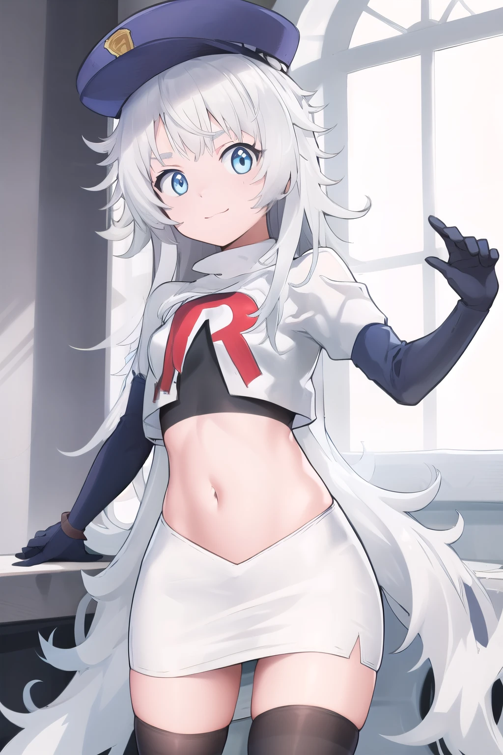 masterpiece, best quality, highres, 1girl, solo, long hair, hat, blue eyes, white hair, messy hair, team rocket,team rocket uniform,white skirt,red letter R,crop top,black thigh-highs,black elbow gloves