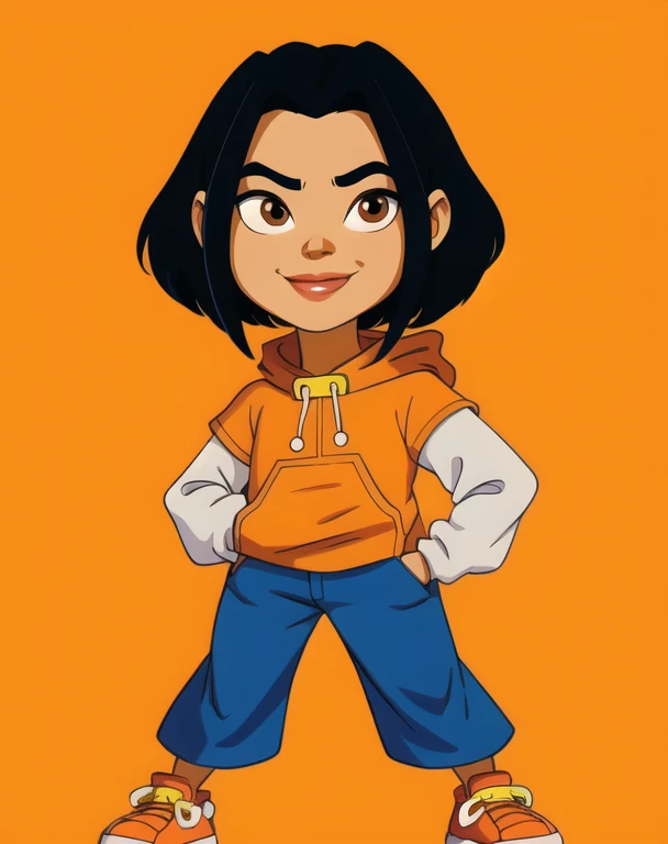 jadechan, short black hair, brown eyes, hands in pockets, upper body, smiling, orange short sleeved hoodie, white long sleeves, hood down, sneakers , blue pants, cartoon Hong Kong, morning, 
 (insanely detailed, beautiful detailed face, masterpiece, best quality)
 