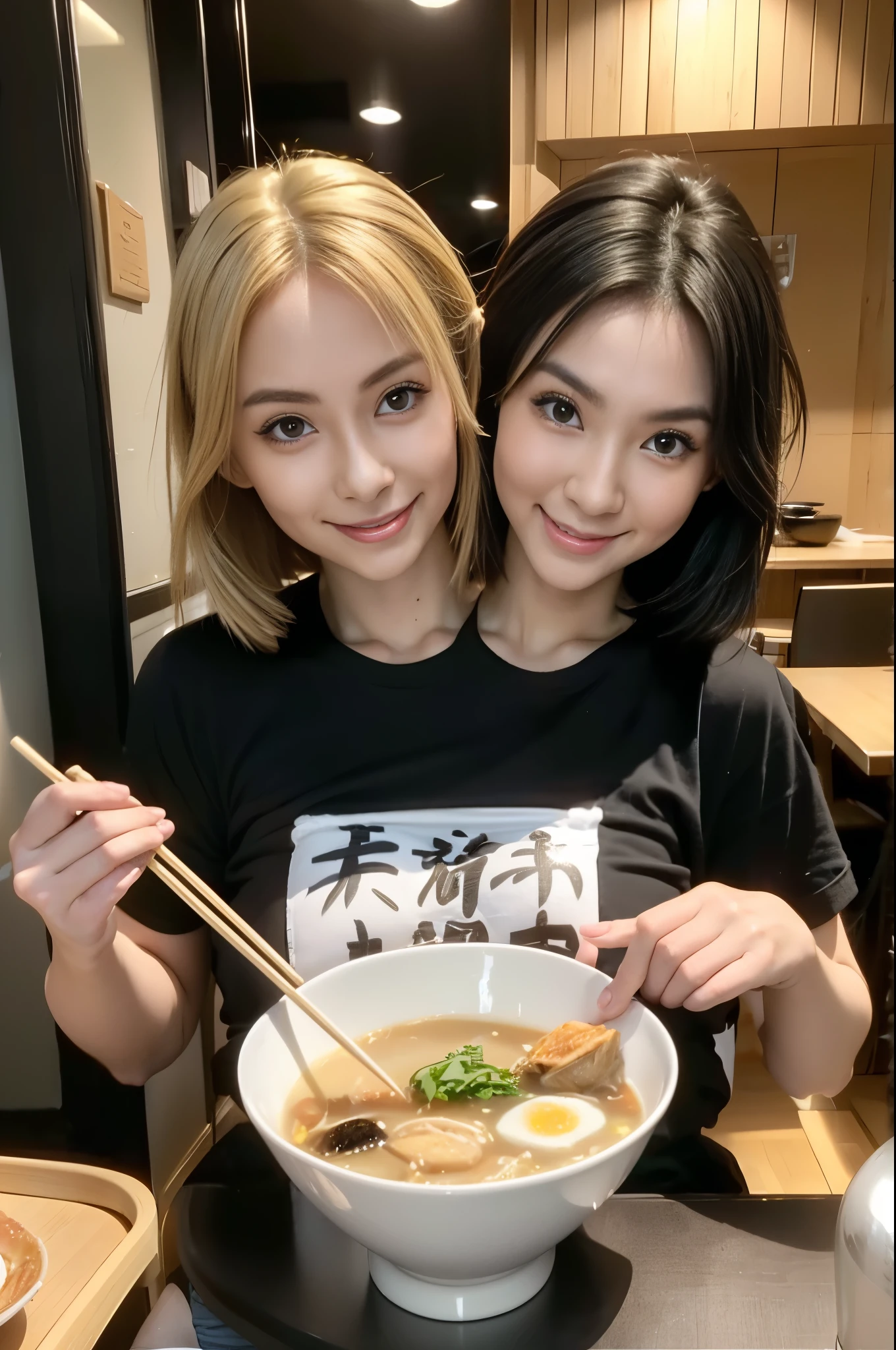 best resolution, 2heads, half-body shot, conjoined, dicephalus, japanese woman with two heads , blonde hair, black hair, different faces, eating ramen, t-shirt, indoor background