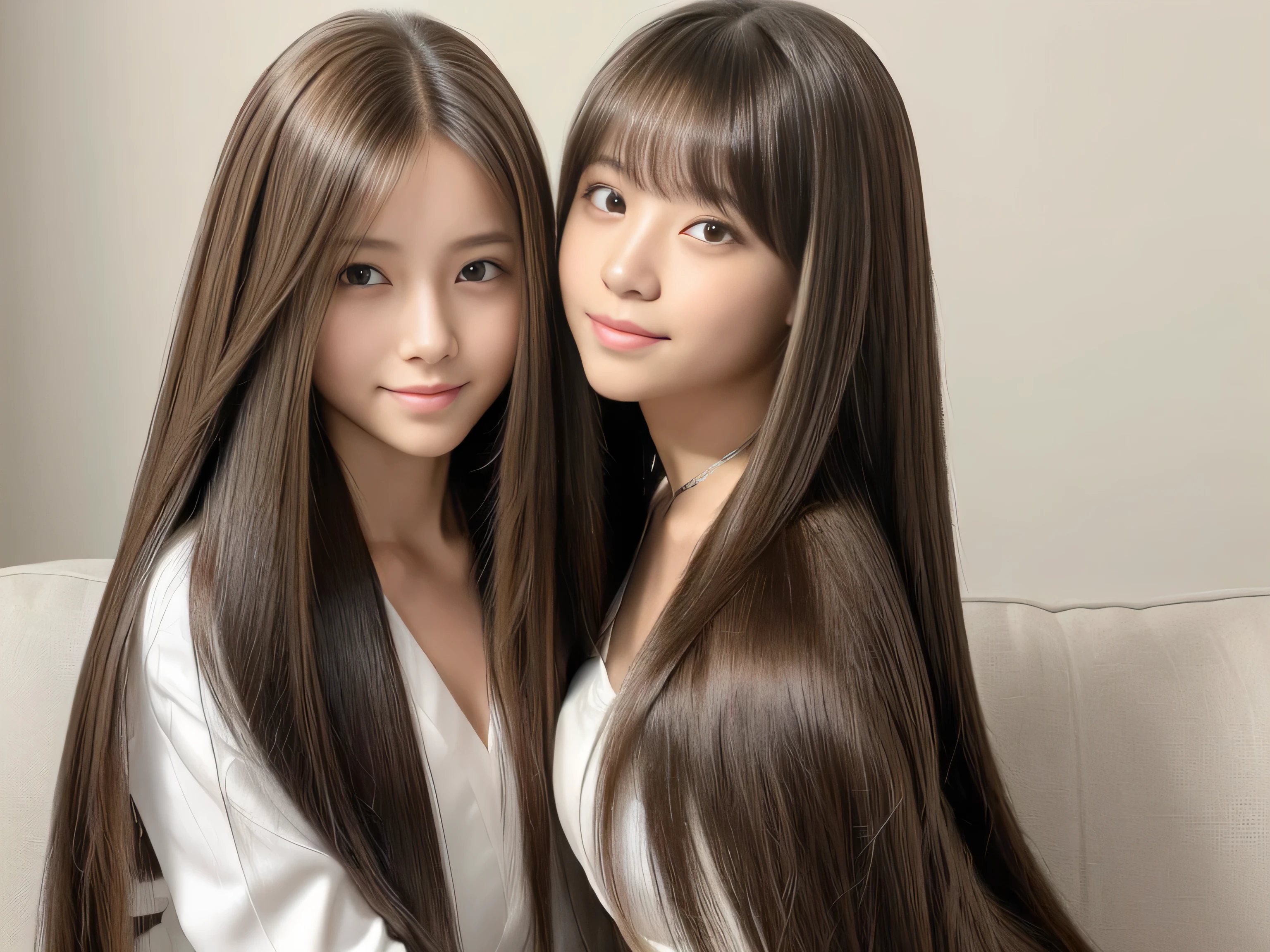 (They are identical twins and are practically clones.　Hairstyle、The hair color is the same　Shoot in the same space)　((They love each other and hold each other tightly:1.5))　(They look happy to see the viewers.)　((A close-up of the faces of both people, showing their entire faces and heads.))　((Beautiful 24 year old hair model with long light brown hair　Fell straight down　Reaches up to the kneeVery long hair　highest quality　Highest detail　Reaches up to the knee、Very long hair that lasts forever:1.3　Flowing Hair　私ncredibly straight hair　Very shiny そして thick hair　Abnormally long hair that lasts forever　Flowing Hair on both ends　long hair up to the knees:1.2　long hair up to the knees:1.2　Thick and shiny hair　Very free hair　Abnormally long hair!!!!!　Beautiful silky hair　　Beautiful and shiny hair　Beautiful and shiny hair　Beautiful silky hair　Hair that grows to the knees　Very very, Very long hair!!!!!　Very very, Very long hair!!!!!))　(highest quality　The best ultra-fine　Reaches up to the knee、Very long hair that lasts forever　Flowing Hair　Her hair is gently permed　Very shiny そして thick hair　Abnormally long hair that lasts forever　Flowing Hair on both ends　long hair up to the knees:1.2　long hair up to the knees:1.2　Thick and shiny hair　Very free hair　Abnormally long hair!!!!!　Beautiful silky hair　Super long hair down to the knees　Beautiful and shiny hair　Beautiful and shiny hair　Beautiful silky hair　Hair that grows to the knees　Very very, Very long hair!!!!!　Very very, Very long hair!!!!!))　(Her bangs are perfectly trimmed and straight down.:1.3)　((Her hair color is light brown:1.5))　(Pure white wall background:1.8 Pure White Sofa)　(Japan&#39;The sexiest and most beautiful 24 year old model)　(She looks at the viewer with a very seductive expression......)　((highest quality)), ((masterpiece)), (Familiar)　(Get used to it)　Perfect Face　(Her skin is a typical Japanese skin color..　And very detailed)　　(Big Breasts:1.3)　(She is wearing a shiny white camisole.)　(She has a beautiful face and a typical Japanese figure...., Narrow eyes)　(She has perfect 美しい and sexy makeup and face　Lipstick is light red　A solid eyeliner)　((Rich 1.4))　(Extremely detailed 8K)　(Ultra-fine skin texture 1.4)　(Actual, Vibrant:1.4), double eyelid　Sharp focus:1.2、Beautiful woman:1.4　Dynamic Lighting　(Genuine RAW photos taken by professional photographers)　　Professional Hair Shine.　(She has a bright and cheerful face)　(Her face is slim and dignified.., length, Narrow eyes..々Nice face)　Three clone triplets