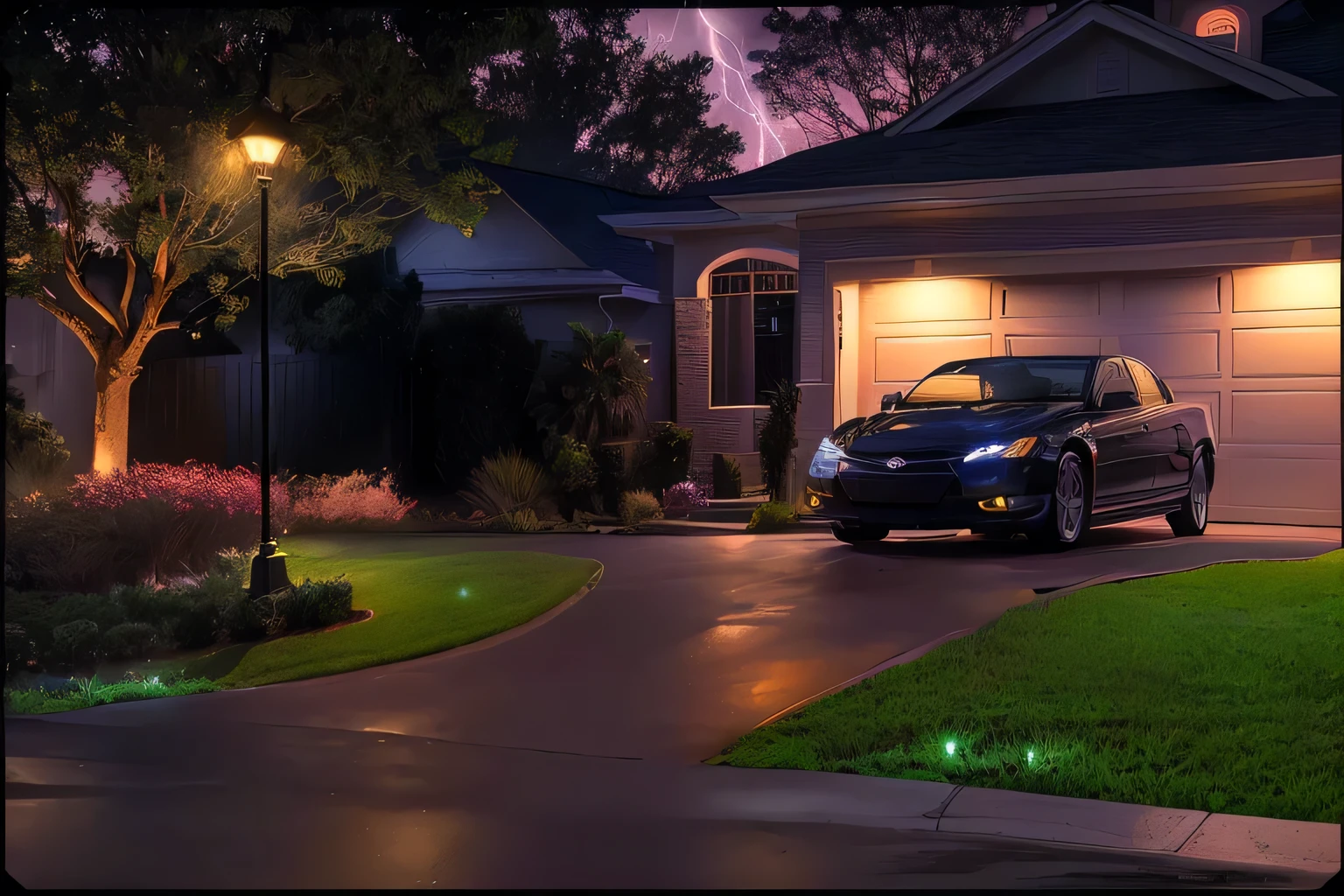 Alafud car parked in front of the house at night, Movie Outdoor Lighting, Movie night lights, Night movie lighting, HDR cinema lighting, Movie-level front lightning, beautiful movie lighting, Movie accent lighting, Cinematic edge lighting, surreal lighting, HDR Dramatic Cinematic Lighting, Movie dynamic lighting, forward lighting, Environmental photography, photo-realistic low lighting