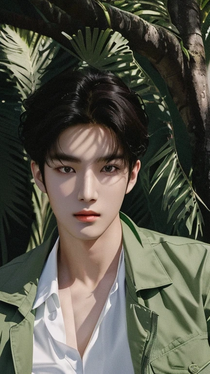 Arav man in a green jacket and white shirt sits in front of a tree, Kim Do-young, jinyoung shin, Shin Jin Hye Aesthetics, Paint Ulzan, Inspired by Zhang Han, Jung Jaehyun, cai xukun, Inspired by Border Guardians, yanjun chengt, Avatar Profile Picture, Young fair angel, Sakimichan, Kim Tae-jun
