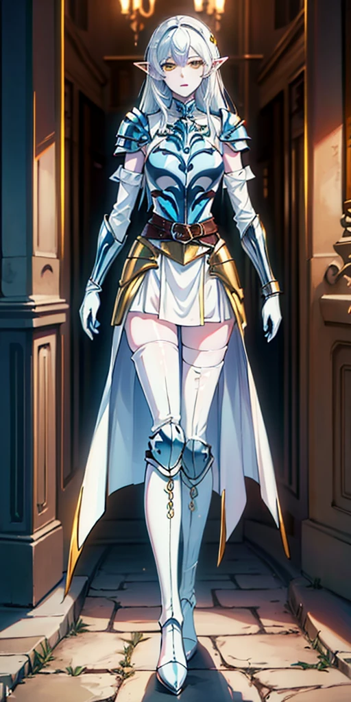 masterpiece, best quality, high quality, white SKIN elf, long hair, white hair, yellow eyes, full body, def_effie, blue breastplate, white skin, looking at viewer, shiny, armor, thigh highs, high boots, shoulder armor, faulds, poleyn, gloves, gauntlets