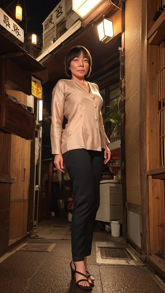 (Beautiful woman, High resolution, Wallpaper 8K Screen, highest quality, Real, Super fine, Exquisite and perfect dynamic composition, (Profile of a Japanese mature woman passing by in an alley), (Shinjuku Golden Gai at night: 1.4) , (Busy), (Narrow alley lined with izakayas), (Detailed background), (Casual wear: 1.4), (60 year old Japanese mature woman), (Realな肌の質感), (Rough overall skin texture: 1.3), (Dull skin: 1.1), (Unmoisturized skin: 1.2), (Skin wrinkles: 0.9), (Wrinkles around the eyes: 1.2), double eyelid, Tear bags under the eyelids, Serious expression, Deep and beautiful eyes, Short bangs, Natural hair movement, (Profile turned around), High heels、Glamorous body, (Full body portrait: 1.4), (Angle from the legs: 1.2),