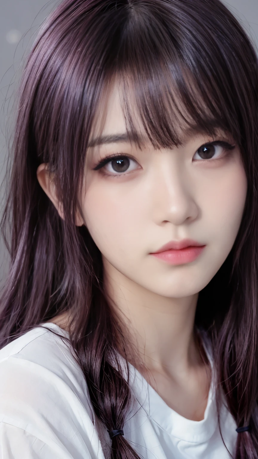 background(Black Night Sky,Big Moon),Close-up of a woman,Wearing a white shirt、Purple Hair,Very long hair,very thick braids,Purple eyes,big , realistic girl rendering, 8k artistic german bokeh, Enchanting girl, Real Girl, Gurwitz, Gurwitz-style artwork, Girl Roleplay, Realistic 3D style, cgstation Popular Topics,, 8K Portrait Rendering,(truth,truth:1.4),Wear pink pajamas,巨big ,Sparkling eyes,Purple eyes