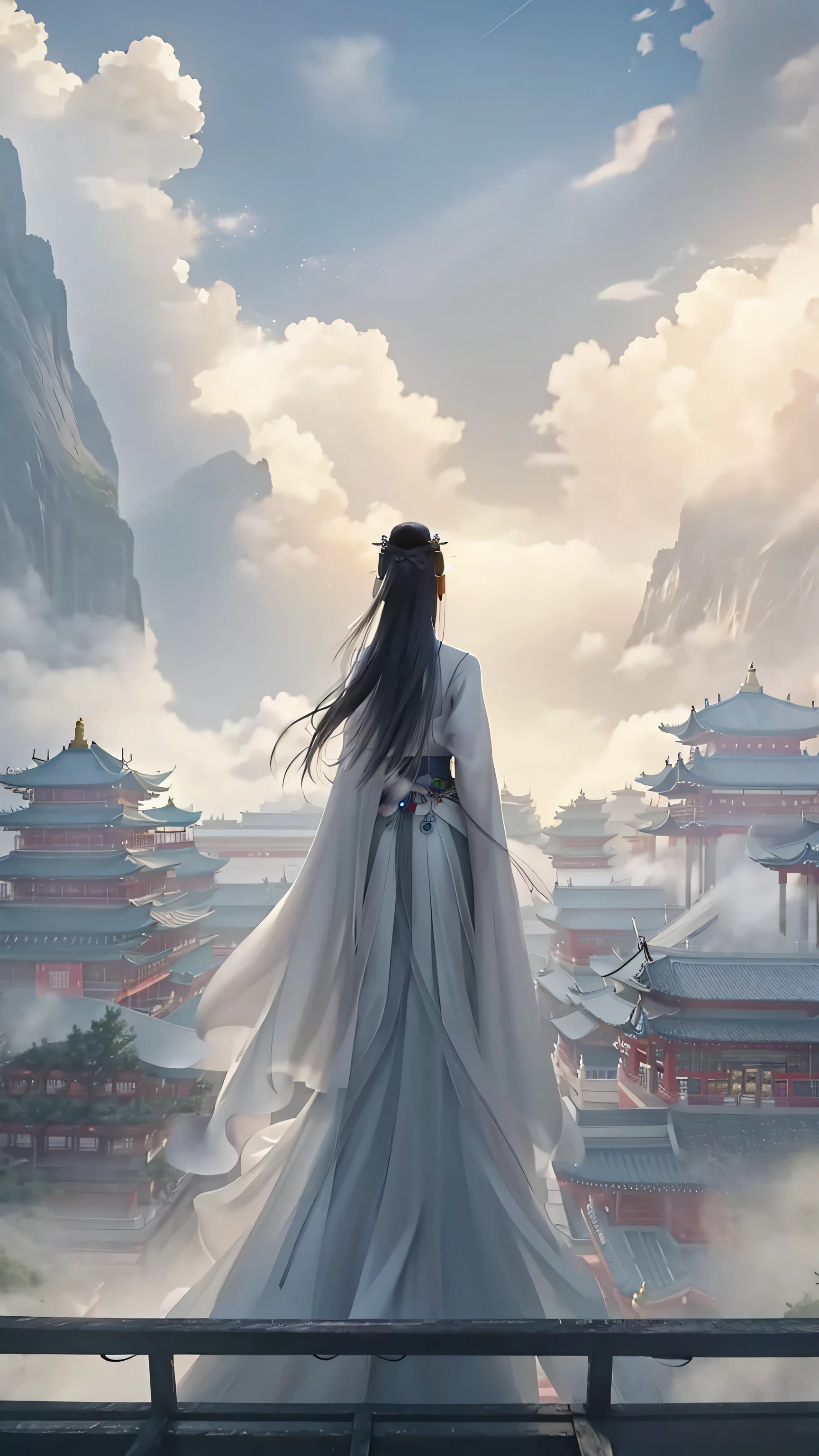 Anime girl in a white dress looking at a mountain with a pagoda in the background, elegant cinematic fantasy art, palace ， Girl wearing Hanfu, Ross Chen. Landscape background, Beautiful concept art, CGsociety and Fenghua Zhong, Rosla Global Lighting, Chinese Fantasy, Ross Chen and wlop, Beautiful digital art work, Popular on cgstation