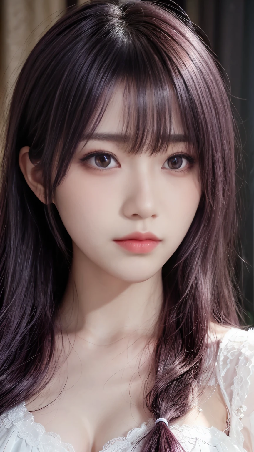 background(Black Night Sky,Big Moon),Close-up of a woman,Wearing a white shirt、Purple Hair,Very long hair,very thick braids,Purple eyes,big , realistic girl rendering, 8k artistic german bokeh, Enchanting girl, Real Girl, Gurwitz, Gurwitz-style artwork, Girl Roleplay, Realistic 3D style, cgstation Popular Topics,, 8K Portrait Rendering,(truth,truth:1.4),Wear pink pajamas,巨big ,Sparkling eyes,Purple eyes