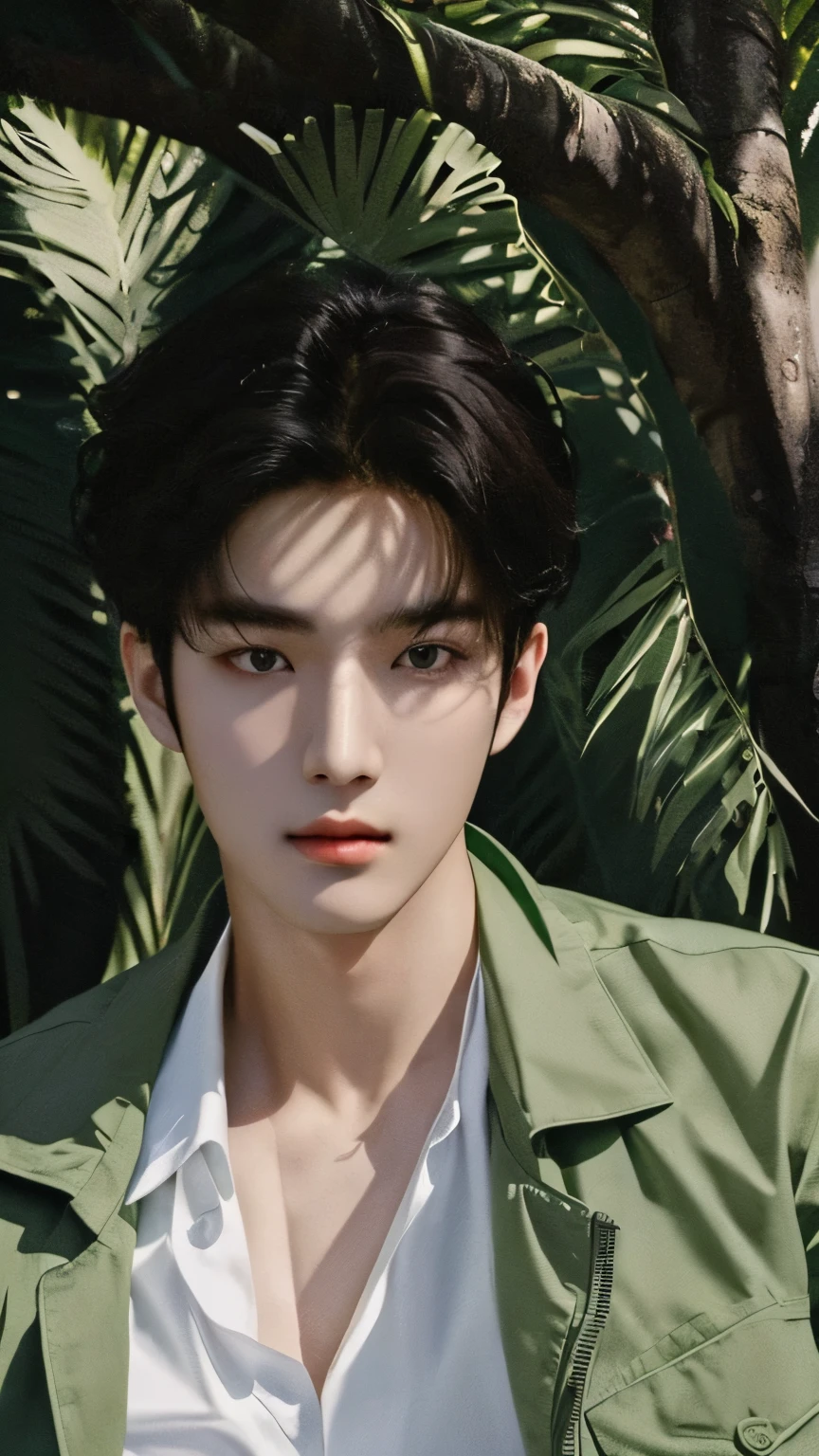 Arav man in a green jacket and white shirt sits in front of a tree, Kim Do-young, jinyoung shin, Shin Jin Hye Aesthetics, Paint Ulzan, Inspired by Zhang Han, Jung Jaehyun, cai xukun, Inspired by Border Guardians, yanjun chengt, Avatar Profile Picture, Young fair angel, Sakimichan, Kim Tae-jun