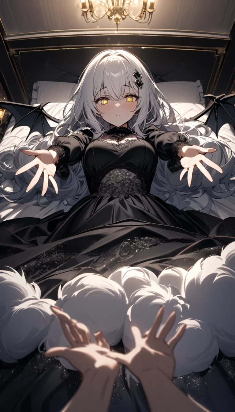 A woman, flowing white hair, melancholy eyes, yellow pupils, black diamond-shaped hairpin, tattered black dragon wings sprouting from her back, moonlight, arms up, incoming hug, pov, reaching, reaching towards viewer, looking at viewer, cowboy shot, dutch angle, lying down, a big fluffy and soft black silk bed, Luxurious and luxurious bedrooms