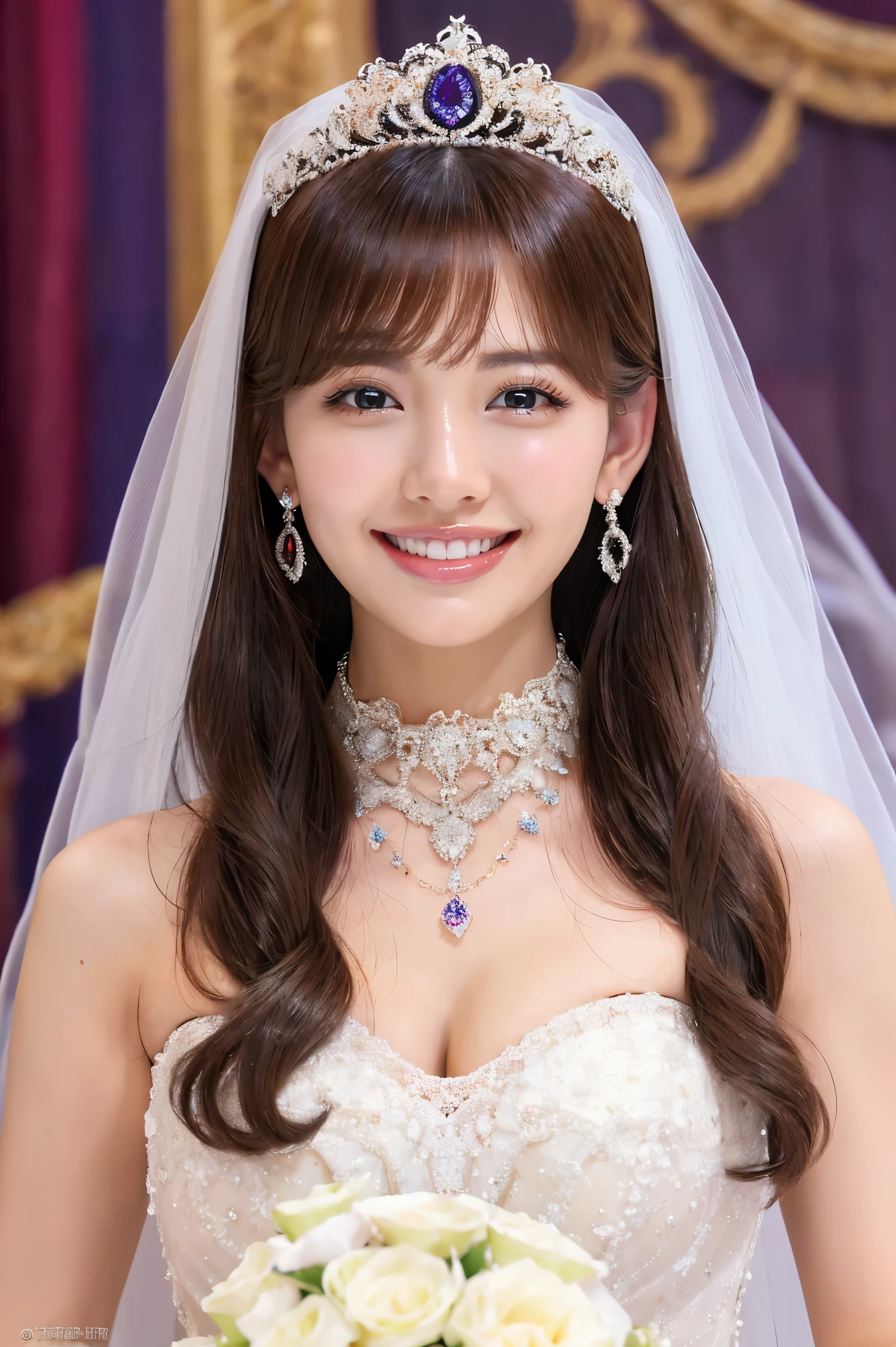 (highest quality、Tabletop、8k、Best image quality、Award-winning works)、One beautiful bride、(alone:1.1)、(The most extravagant and gorgeous huge wedding dresses:1.1)、(Perfect Wedding Lace:1.2)、(The most extravagant and luxurious giant tiara:1.1)、(The most extravagant and luxurious giant necklace:1.1)、The most beautiful smile is looking at me、A wide selection of the finest jewellery、(Bridal upper body photo:1.1)、Perfect Makeup、Long eyelashes、Ultra HD Shining Eyes、Ultra HD Hair、Ultra High Resolution Glossy Lips、Ultra High Resolution Perfect Teeth、Beautiful face in ultra-high definition、(Accurate anatomy:1.1)、(Very bright and beautiful skin:1.2)、(very bright and vivid:1.2)、(Luxury wedding venue background:1.1)